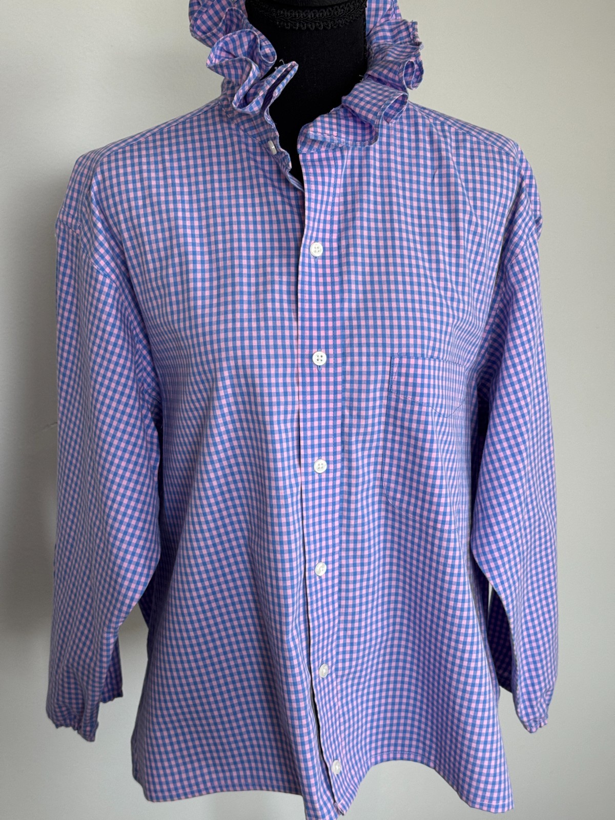 Upcycled Women\'s Pink and Blue Check Button-Down with a Ruffled Collared Top Upcycled Women\'s Pink and Blue Check Button-Down with a Ruffled Collared Top