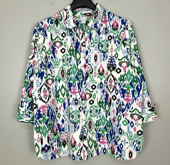 Chico’s No-Iron Chic Stretch Shirt Women’s Size 20 Button Front Tribal Ikat