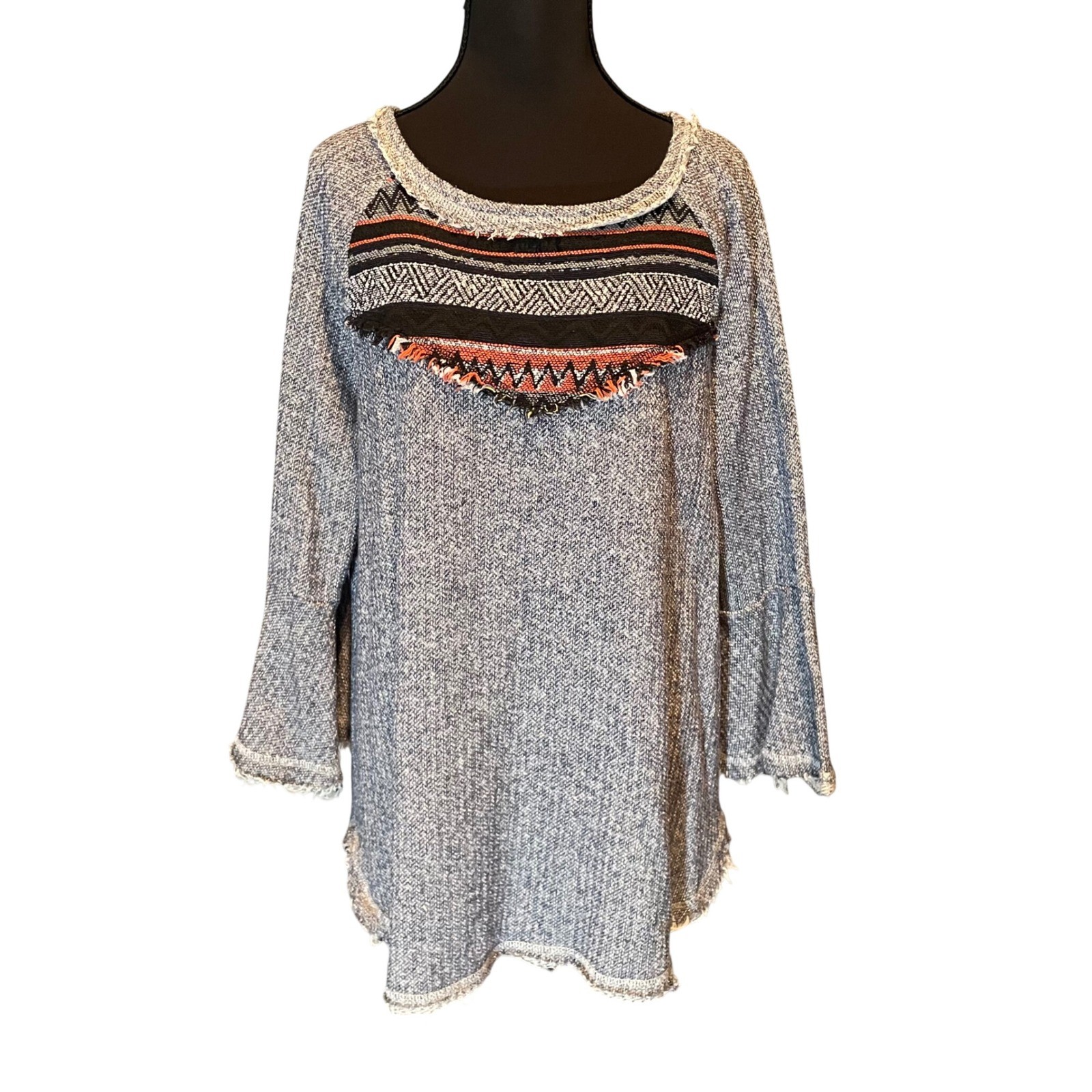 Oddi Womens Southwestern Fringe Tunic Top Blue Marled Bell Sleeve LDistressed