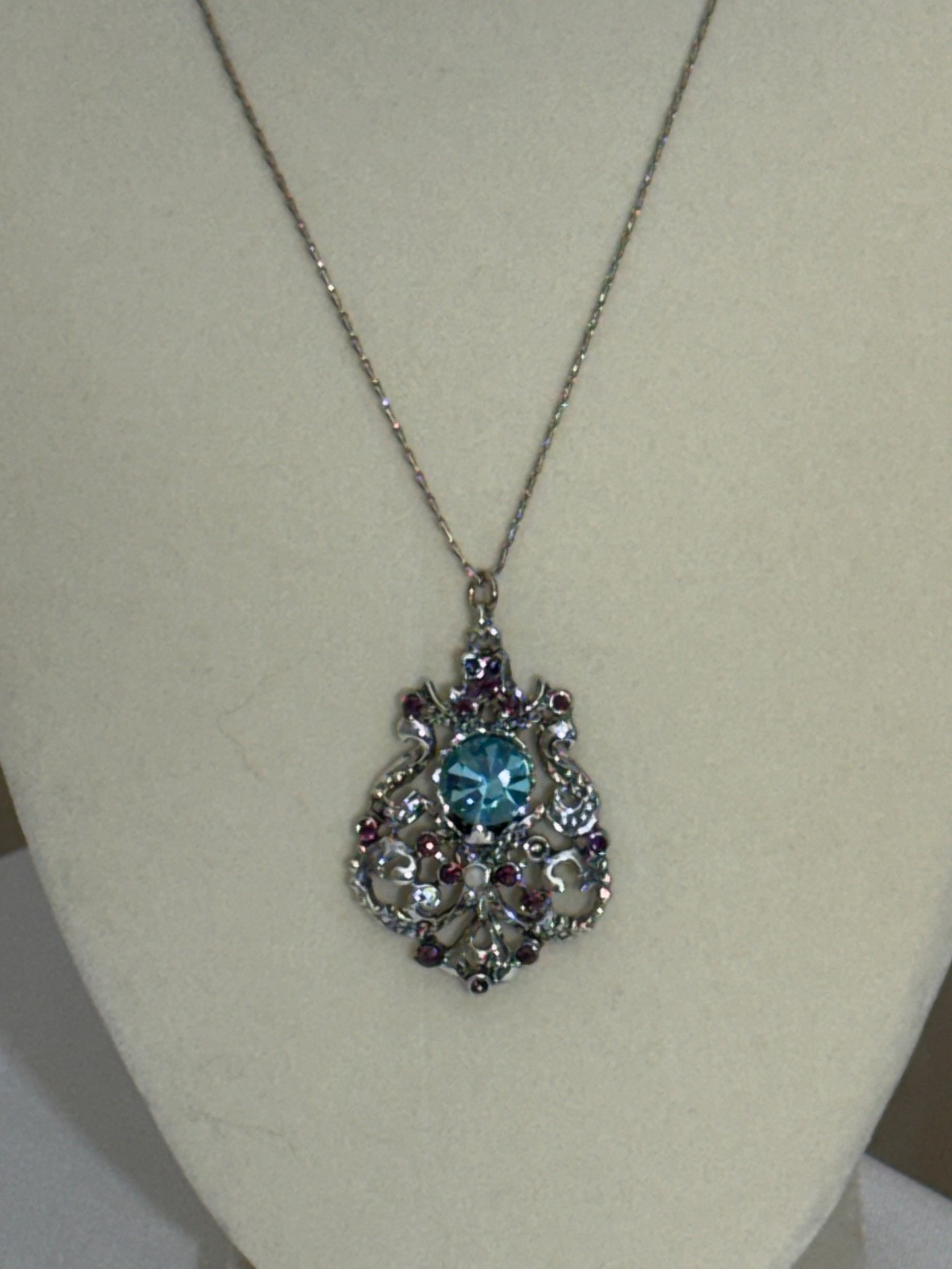 Ornate Estate Rhinestone Pendant Necklace – Aqua Blue & Purple