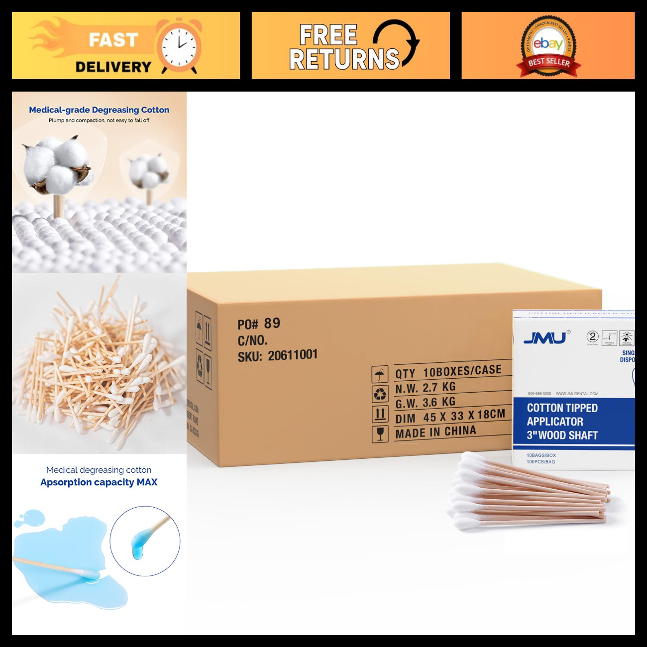 10000 Pcs Cotton Tipped Applicators - Medical Cotton Swabs, 3 Inch Long, Bulk Su