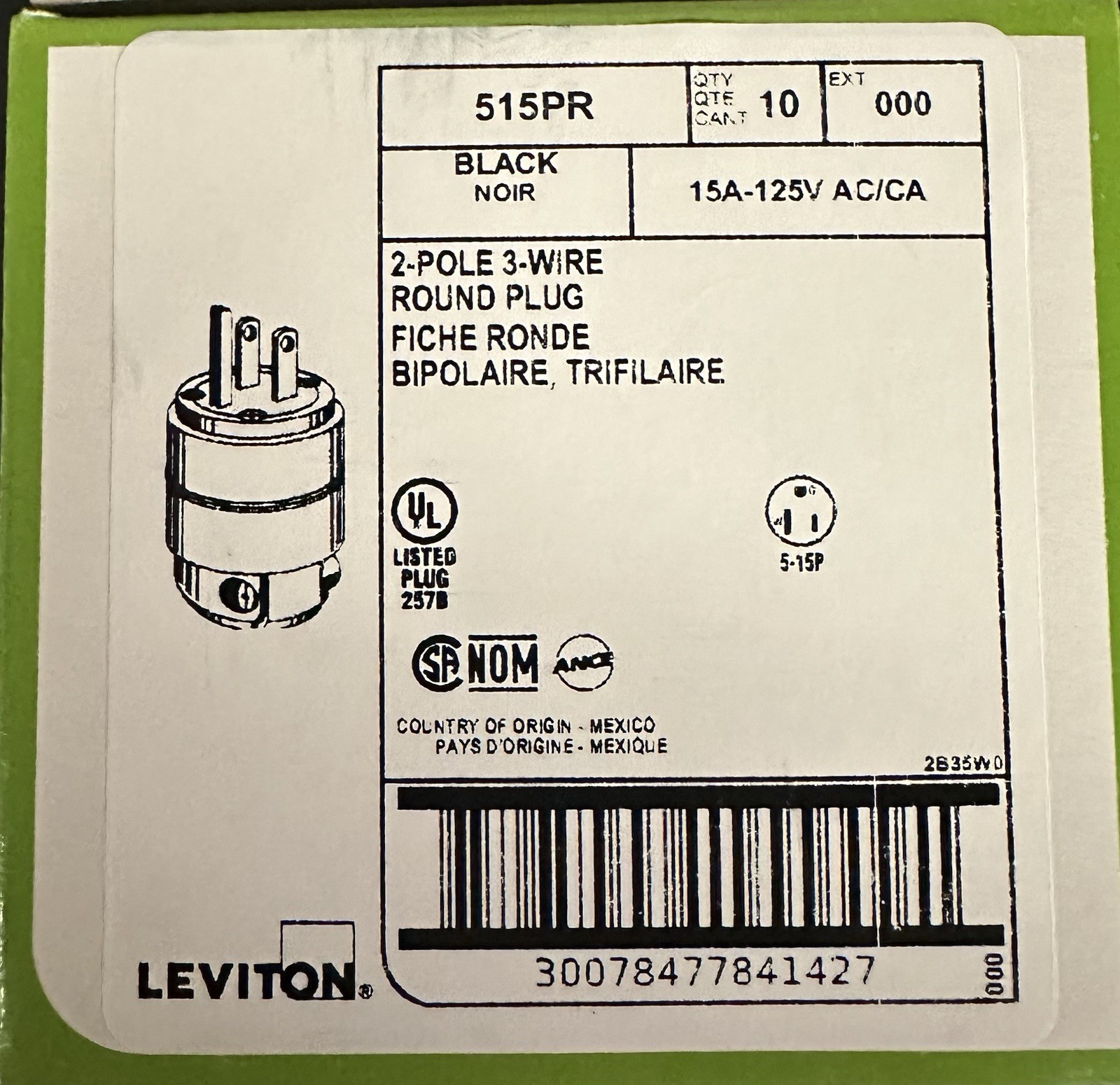 Leviton 515PR 15A 125V 2-Pole 3-Wire Black Rubber Plug – NEMA 5-15P (Box Of-10)
