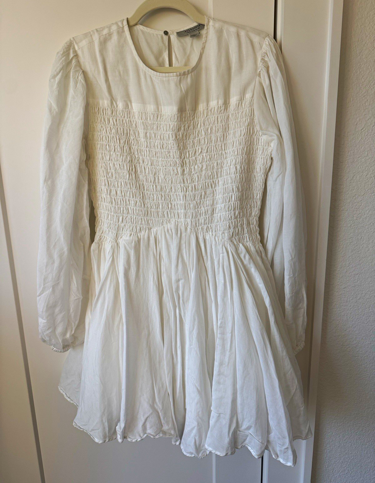 ALLSAINTS White Woven Smocked Mini Dress 6 Round Neck Long Sleeve Button RV $249 ALLSAINTS White Woven Smocked Mini Dress 6 Round Neck Long Sleeve Button RV $249