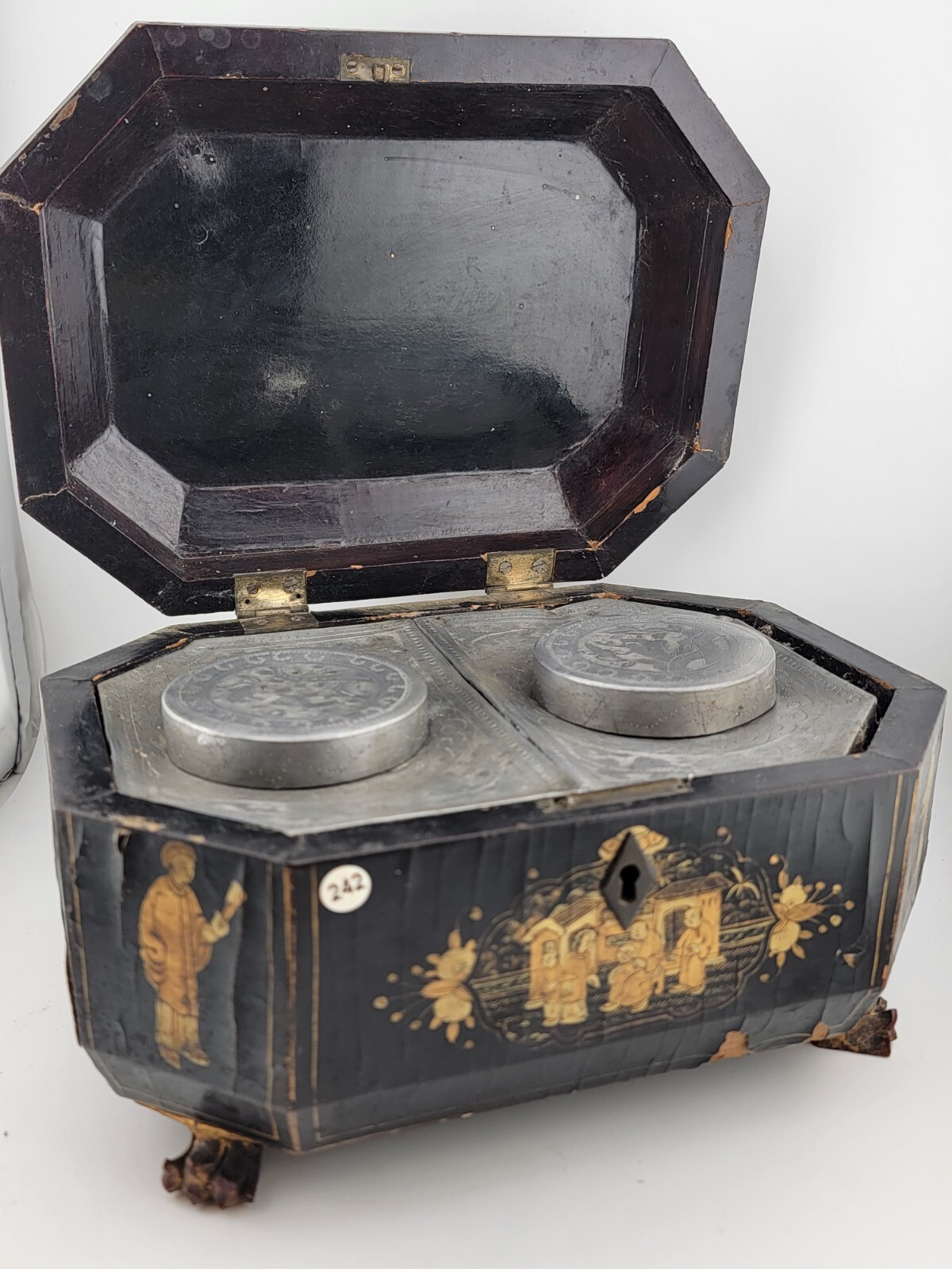 Rare 1800\'s Antique Chinese Gilt Lacquered Tea Caddy w/ Pewter Containers.
