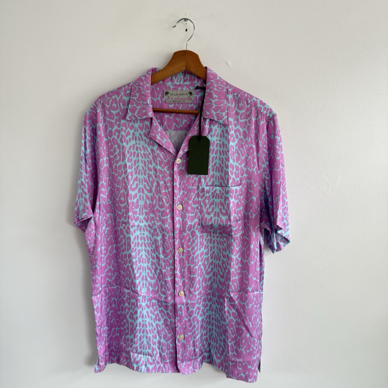 All Saints Feline SS Shirt Mens Small Relaxed Pink Turquoise Viscose BNWT