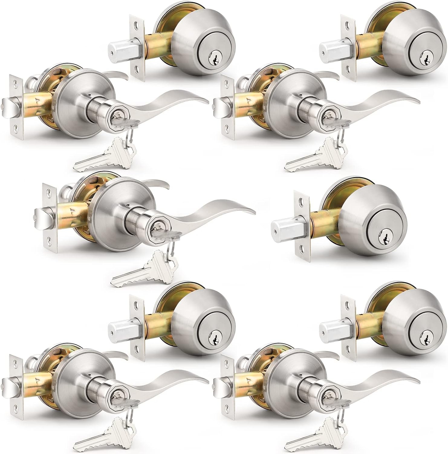 Probrico 5 Sets-Satin Nickel Exterior Entry Lever and 5 Pack, Brushed Probrico 5 Sets-Satin Nickel Exterior Entry Lever and 5 Pack, Brushed