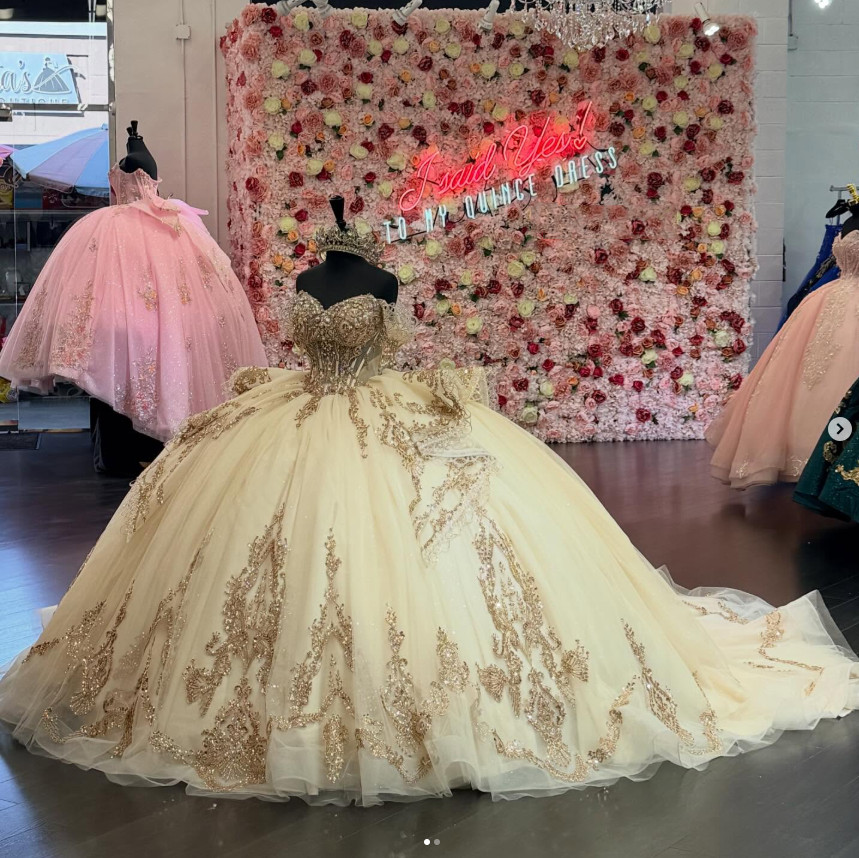 Champagne Quinceanera Dresses Glitter Gold Appliques Sweet 16 Prom Ball Gown