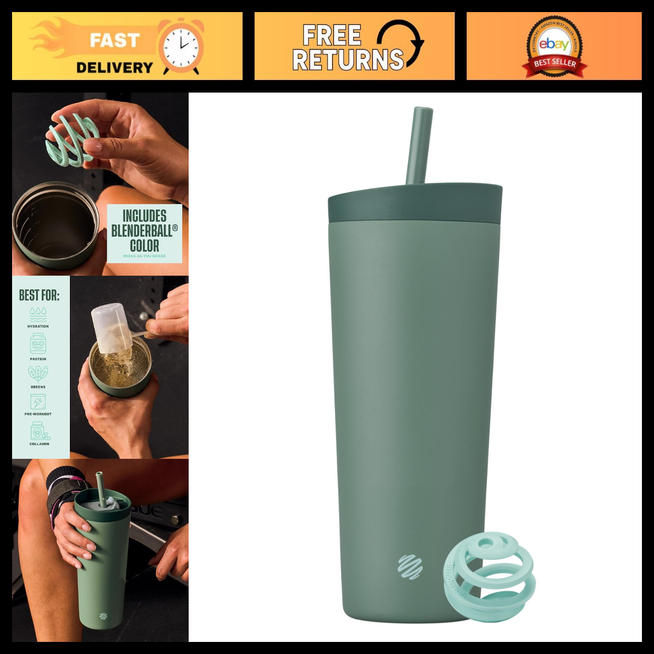 2-in-1 Stainless Steel Shaker Bottle 24 oz Tumbler - Sea Glass, BPA-Free, Leak-P