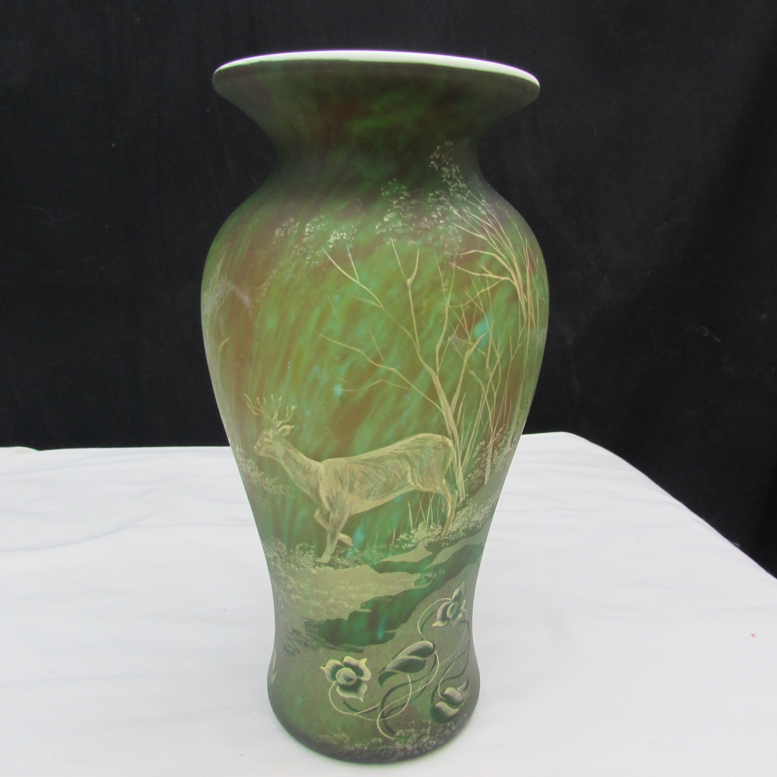 Fenton Green Overlay GSE DAVE FETTY OOAK JK SPINDLER Hand Painted Vase 2011 W422