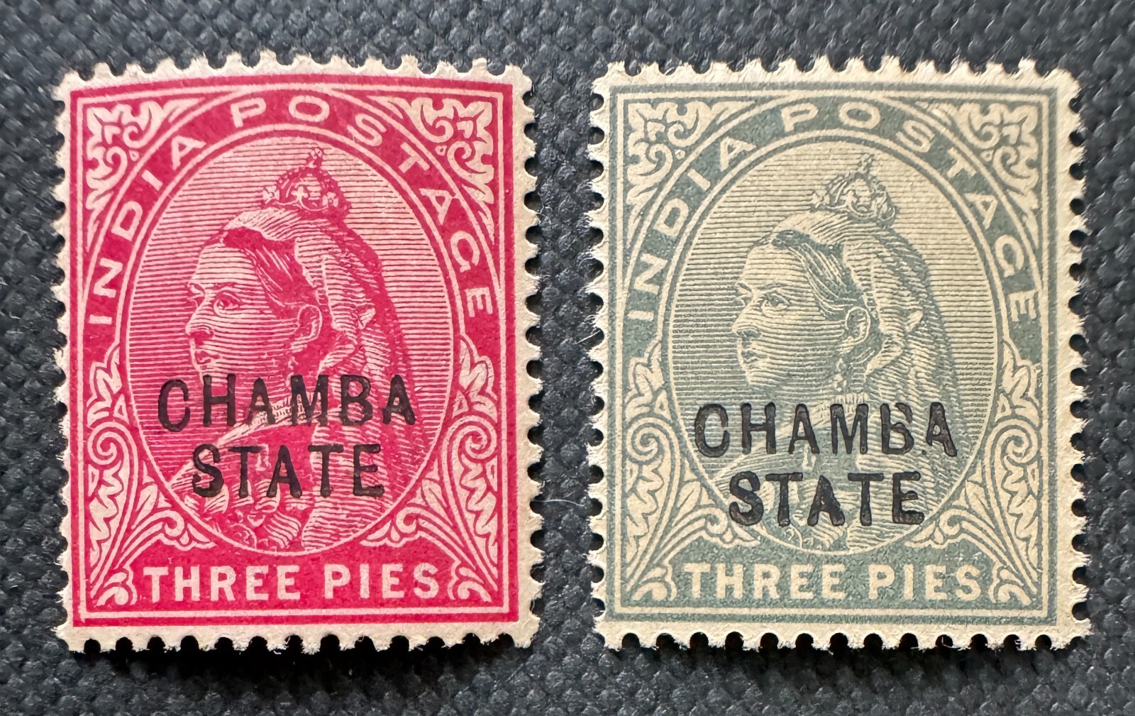 1900-04 CHAMBA STATE opt INDIA QV 3 pies (Varieties Features) MNH SG#22&23 I6274