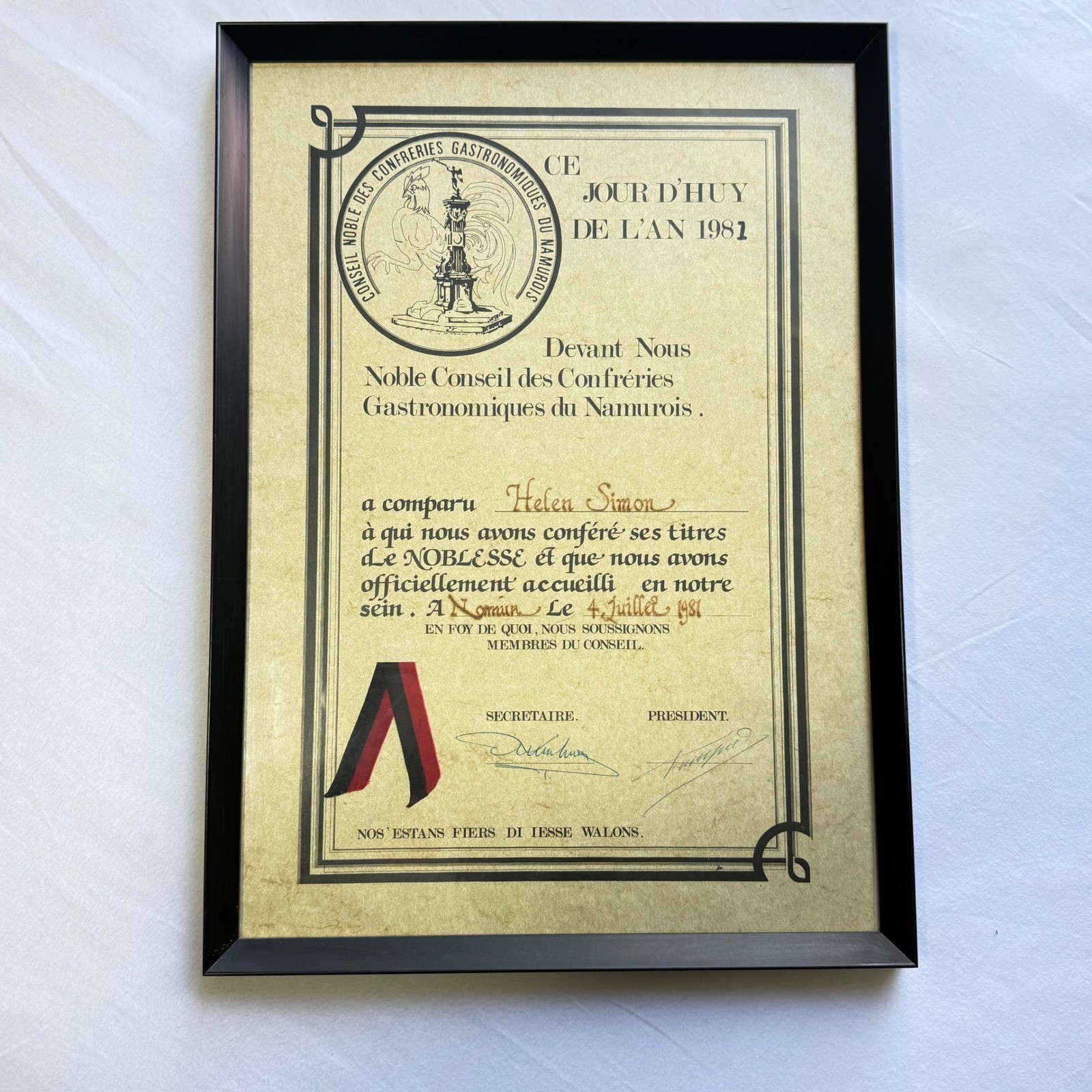 Vintage 1981 French Gastronomy Certificate Framed Noble Conseil Namurois Art