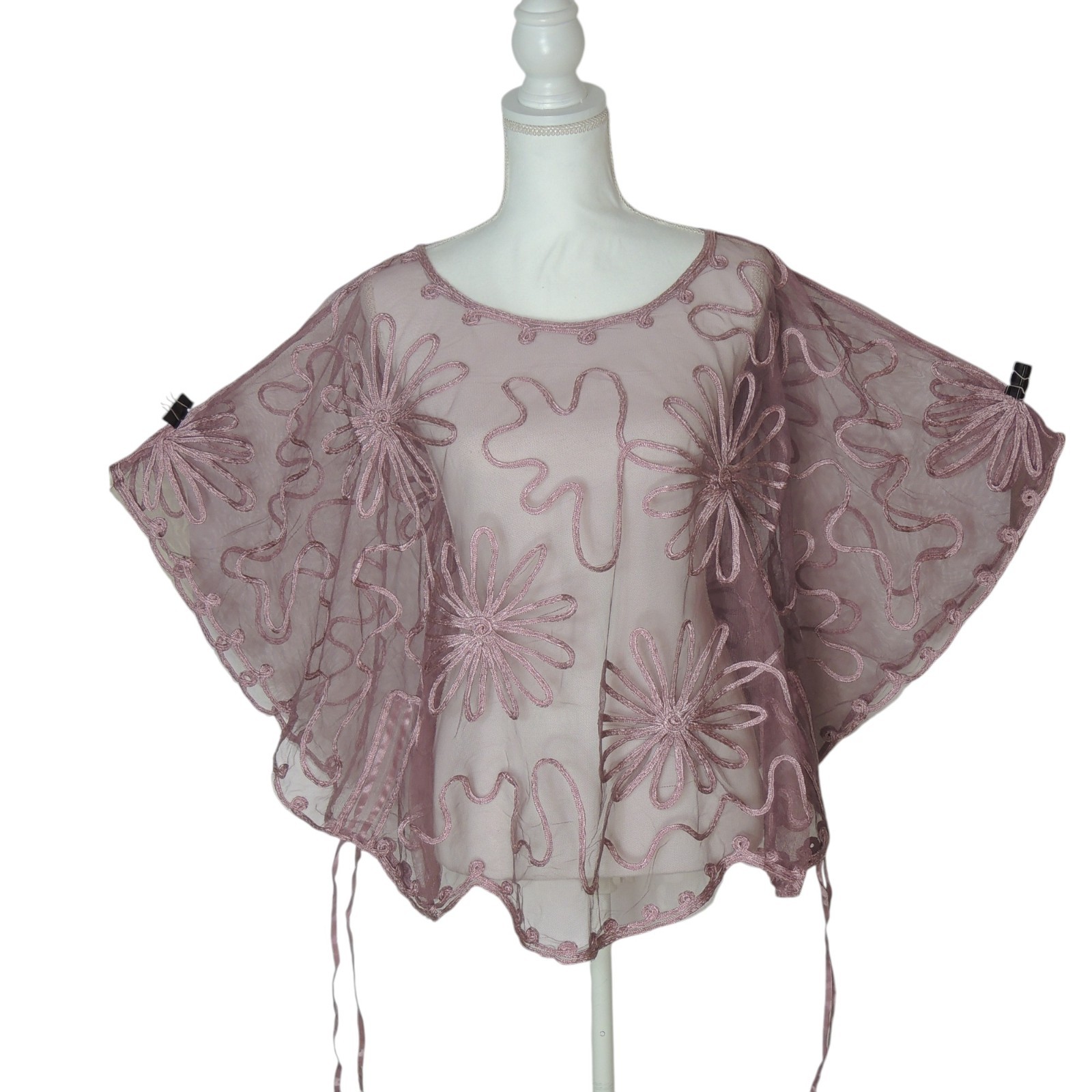 Pretty Angel Mauve Sheer Batwing Embroidered Cover Up Top One Size