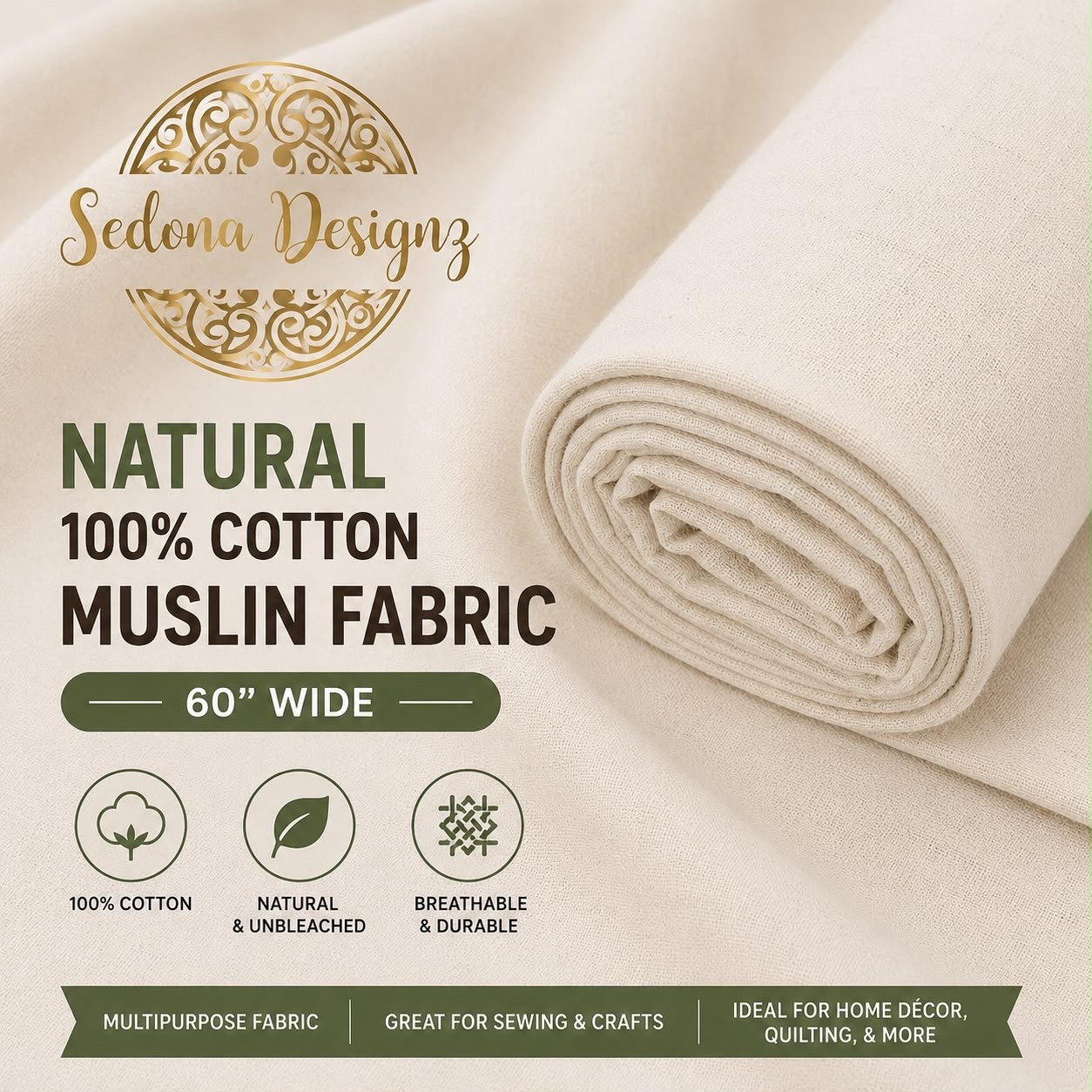 5 Yards Natural 100% Cotton Muslin Fabric/Textile Unbleached Draping Fabric