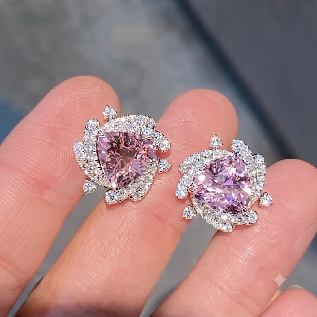 3.20 Ct Trillion Cut Natural Sapphire & Diamond Earring Studs of 14K White Gold