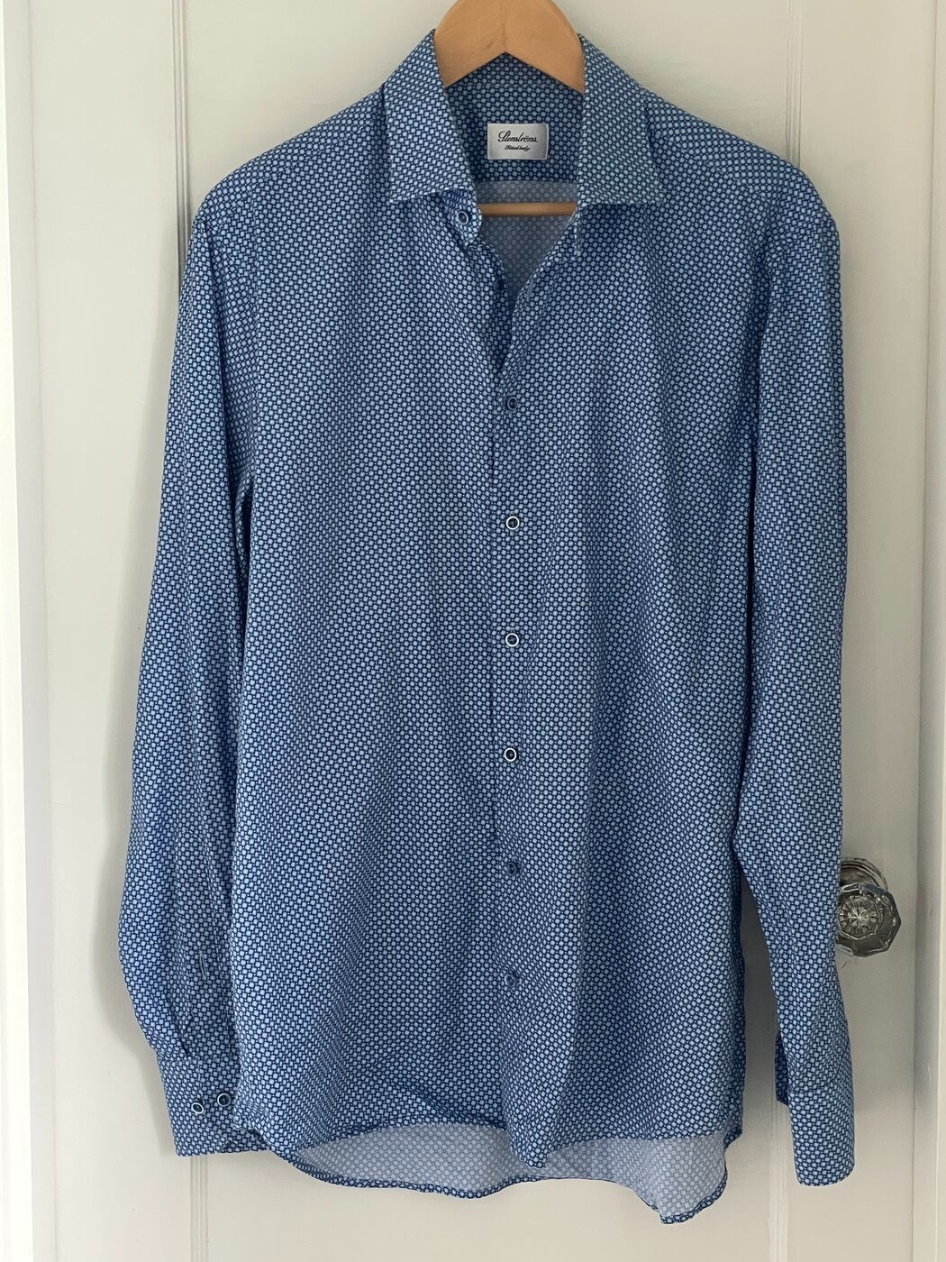 Stenstroms Dress Shirt Mens 16.5 42 Blue Geometric Fitted Body 100% Cotton