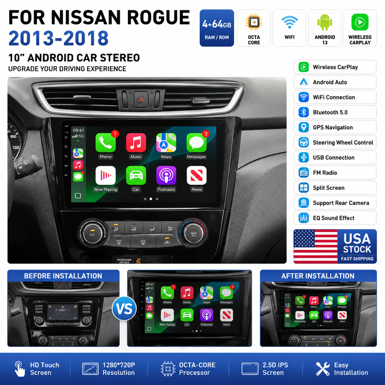 For 2014-2017 Nissan Rogue 8Core 64G Apple Carplay Android Auto Stereo GPS Radio