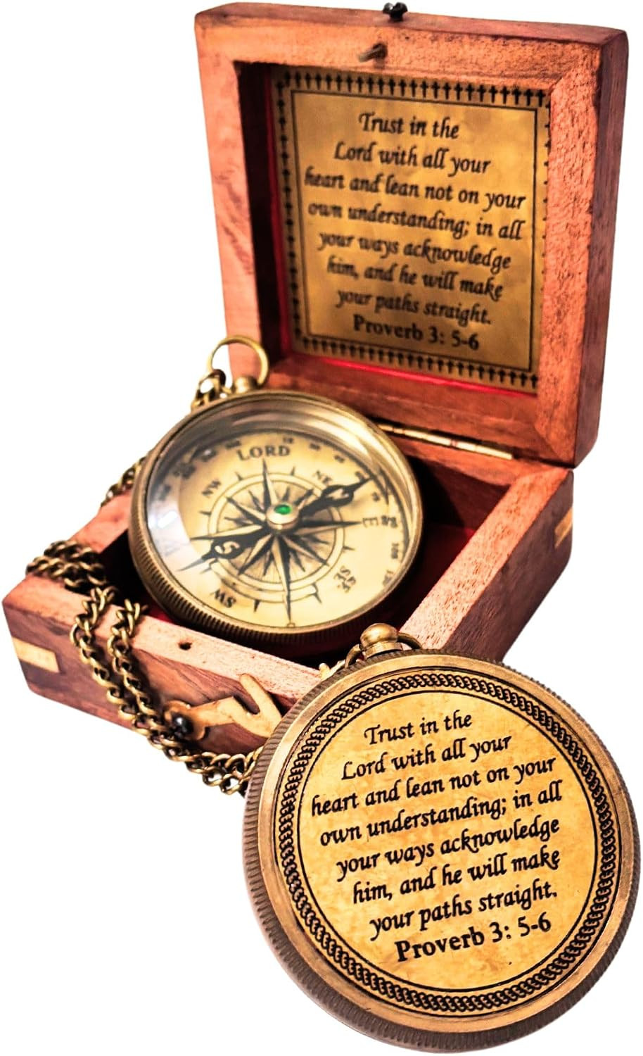 Trust in the Lord - Proverbs 3: 5-6 Engraved Compass, Wood Box Greeting, Inspira