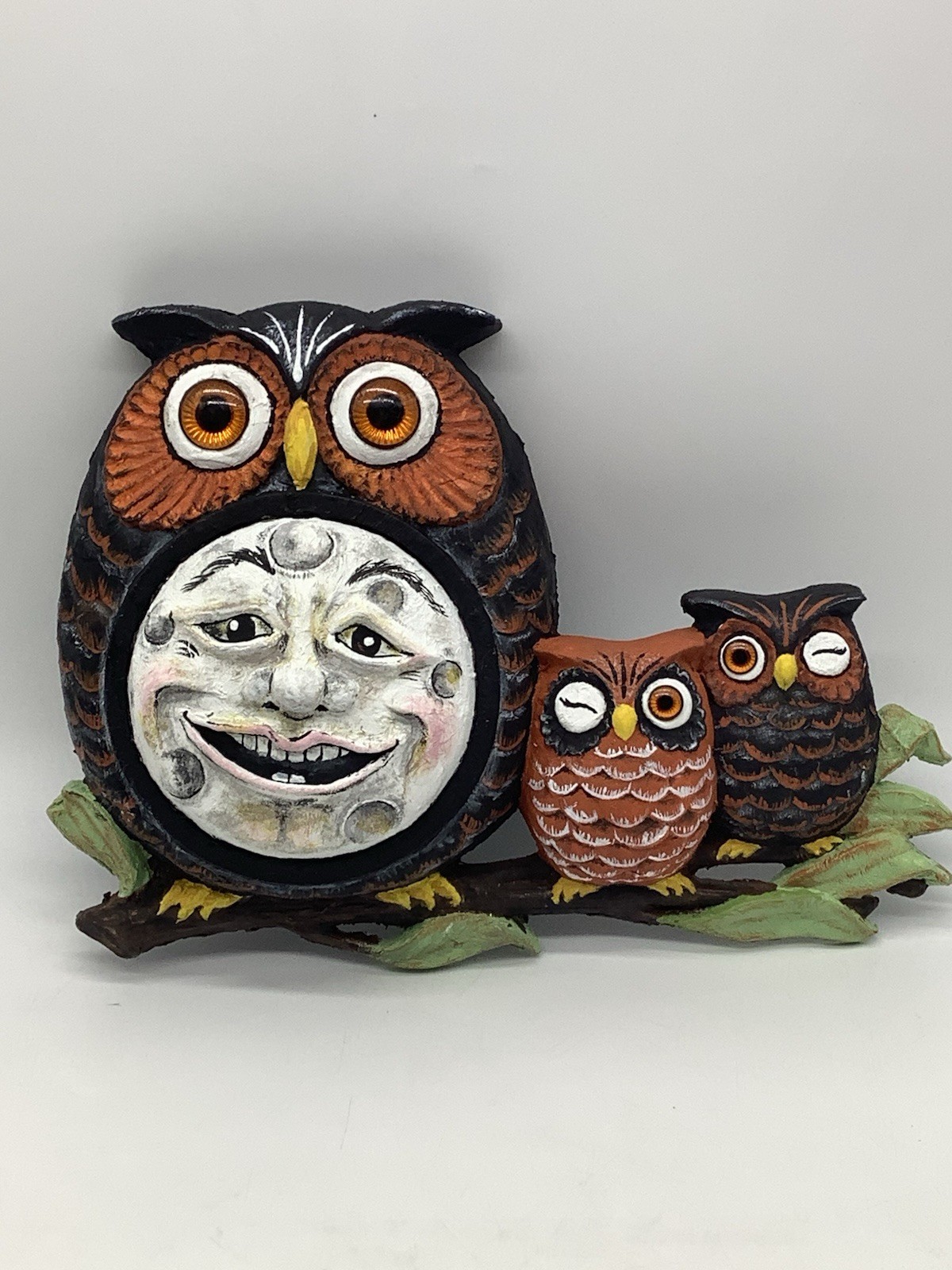 Vintage Handmade Paper Mache Over Plastic Owl And Moon Wall Decoration Vintage Handmade Paper Mache Over Plastic Owl And Moon Wall Decoration