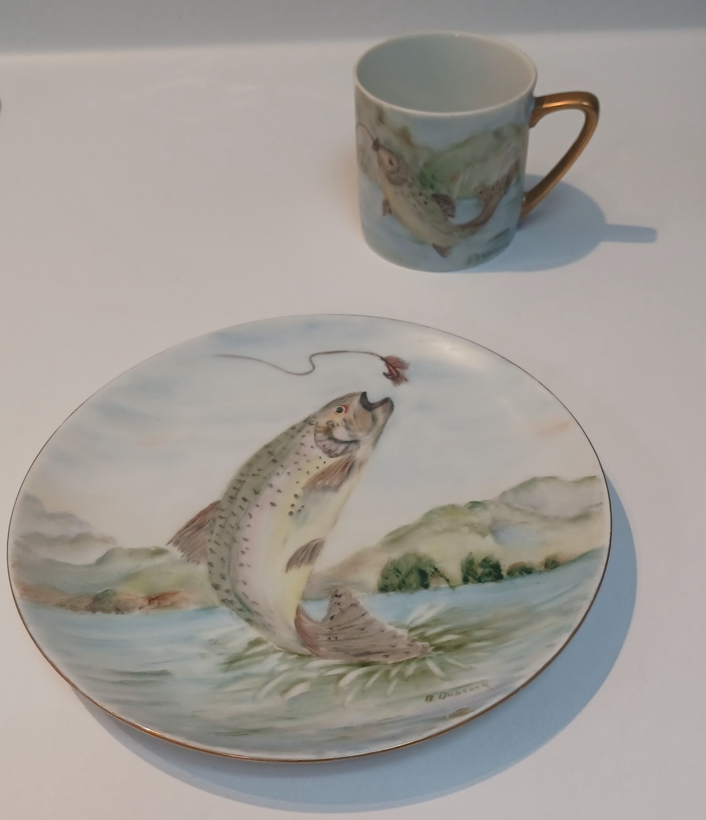 Vintage Hutschenreuther Hand Painted Fish Trout Plate & Cup Set Signed B Babcock