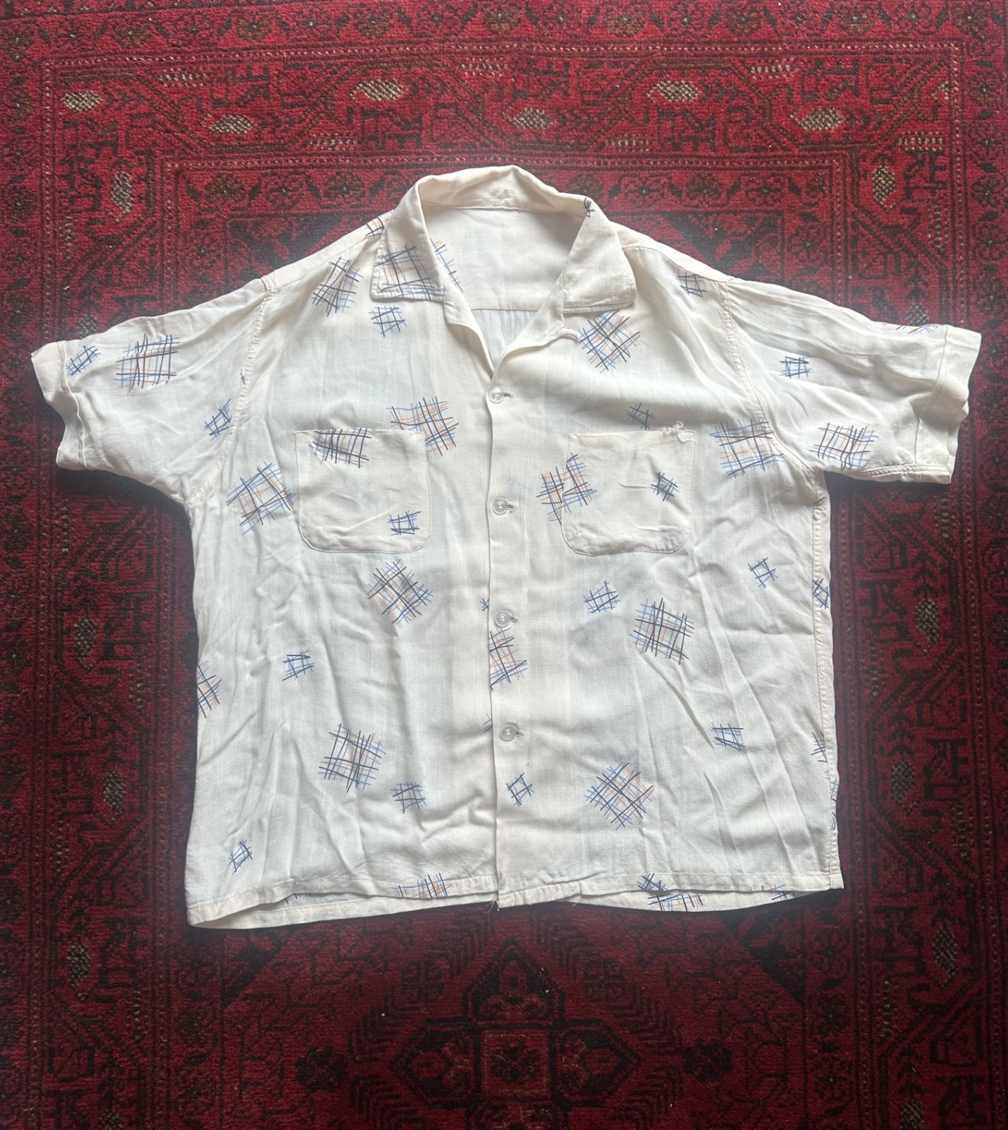 VTG 40s 50s White Rayon Loop Collar Novelty Print Shirt L Atomic Rockabilly VTG 40s 50s White Rayon Loop Collar Novelty Print Shirt L Atomic Rockabilly