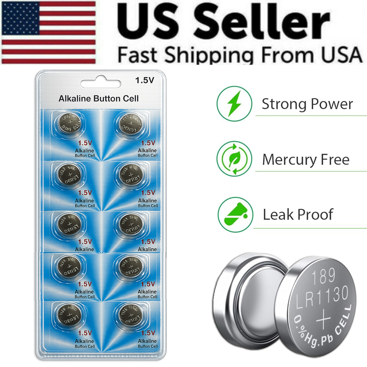 10 PCS LR1130 AG10 389 Alkaline Battery 1.5V Button Cell for Watch Calculator US