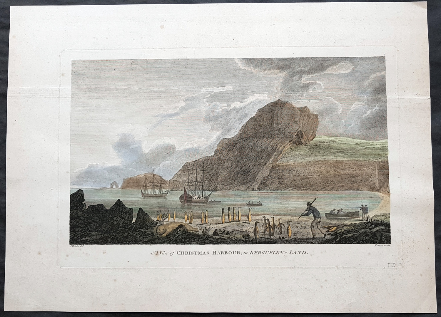 1784 Cook 1st ed Antique Print HMS Resolution, Discovery Xmas Bay Kerguelen 1776
