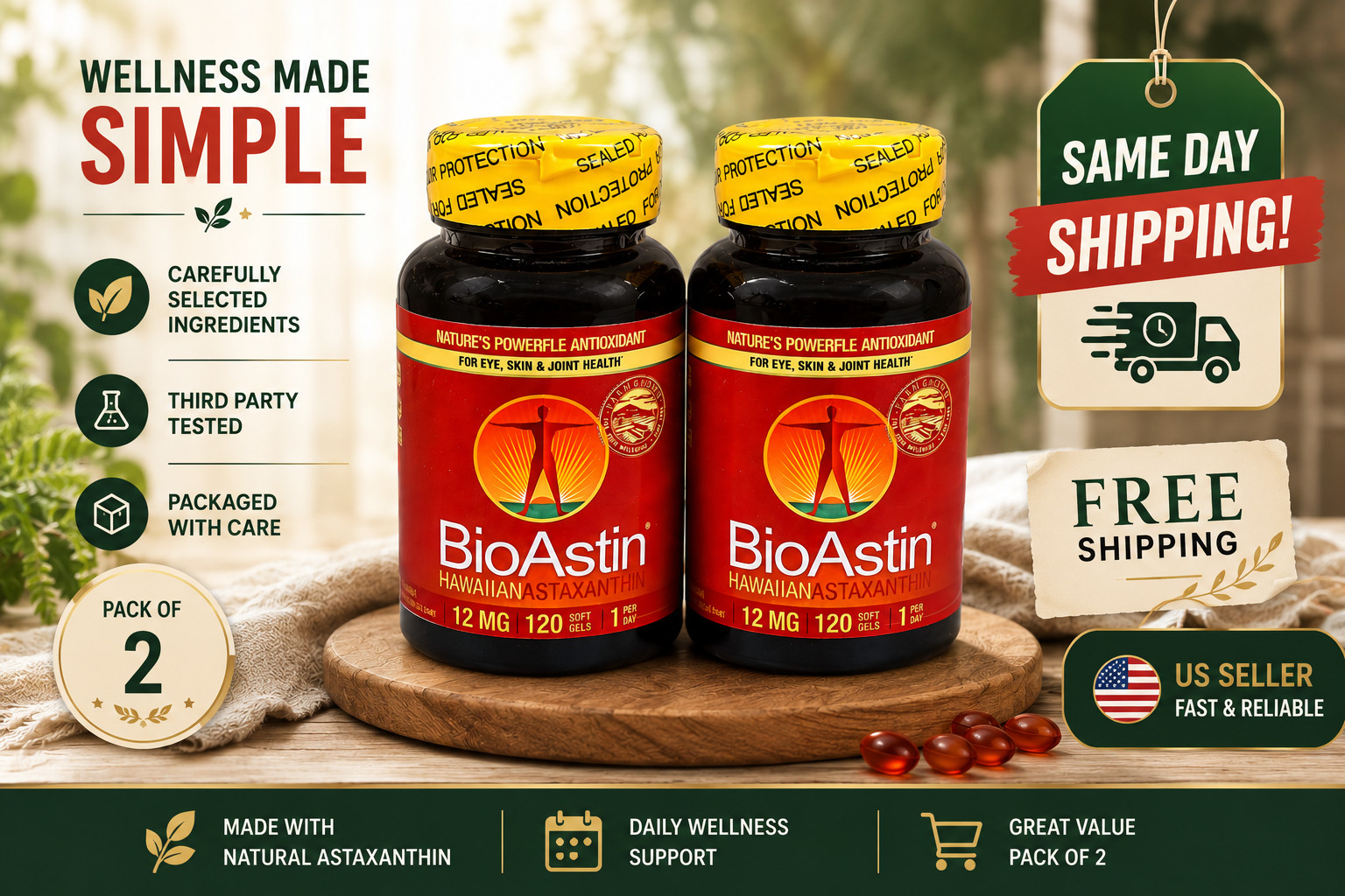 BioAstin Hawaiian Astaxanthin 12mg 240 Softgels Pack of 2 Exp 10/2027 BioAstin Hawaiian Astaxanthin 12mg 240 Softgels Pack of 2 Exp 10/2027