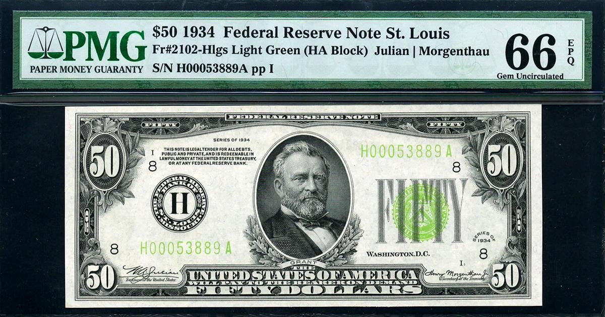 1934 $50 LGS St. Louis Light Green Seal FRN • Fr. 2102-H • GEM UNC • PMG 66 EPQ