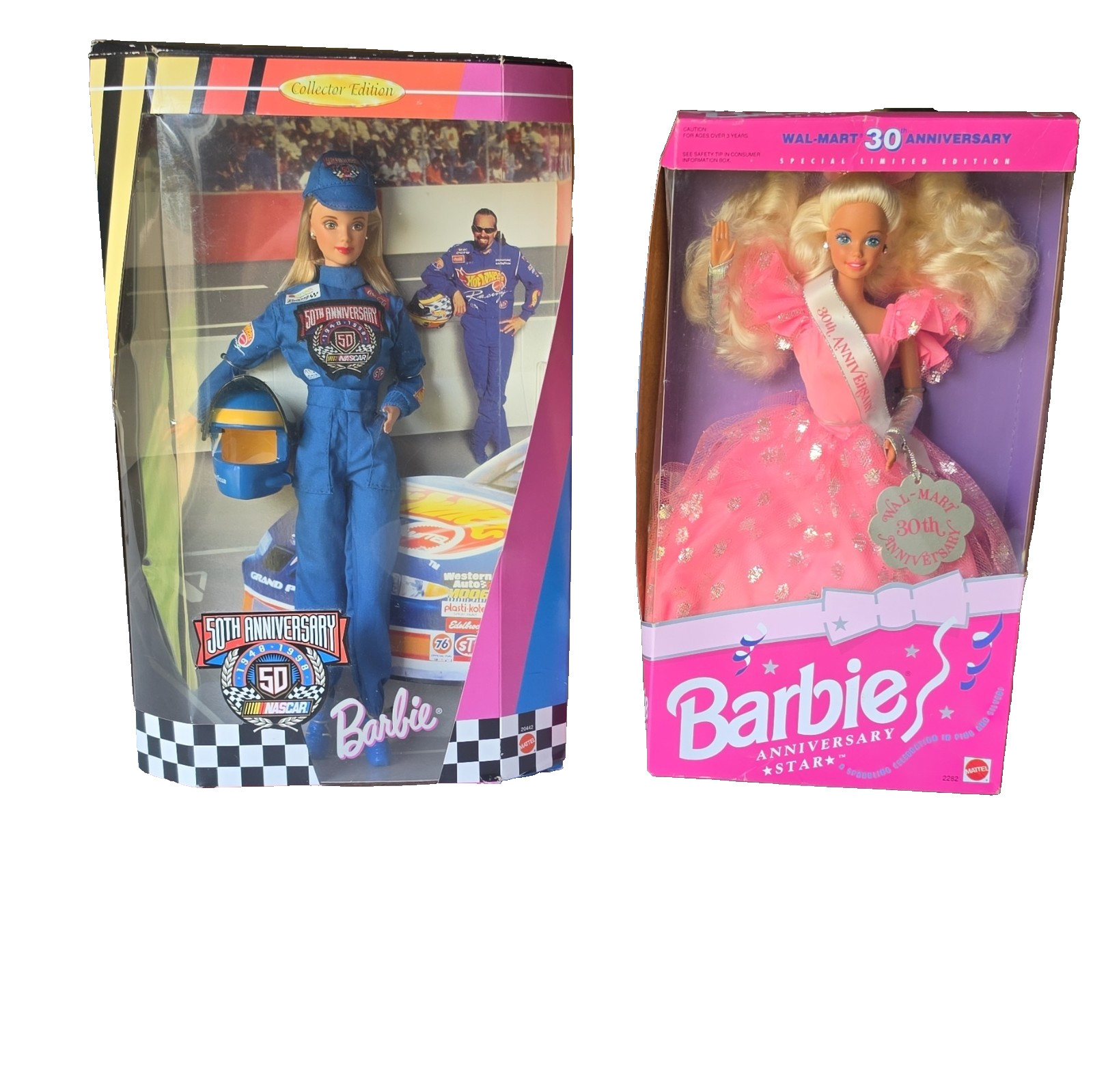 TWO BARBIES - NRFB - Barbie NASCAR 1998 + WalMart 30th Anniversary 1992, NRFB
