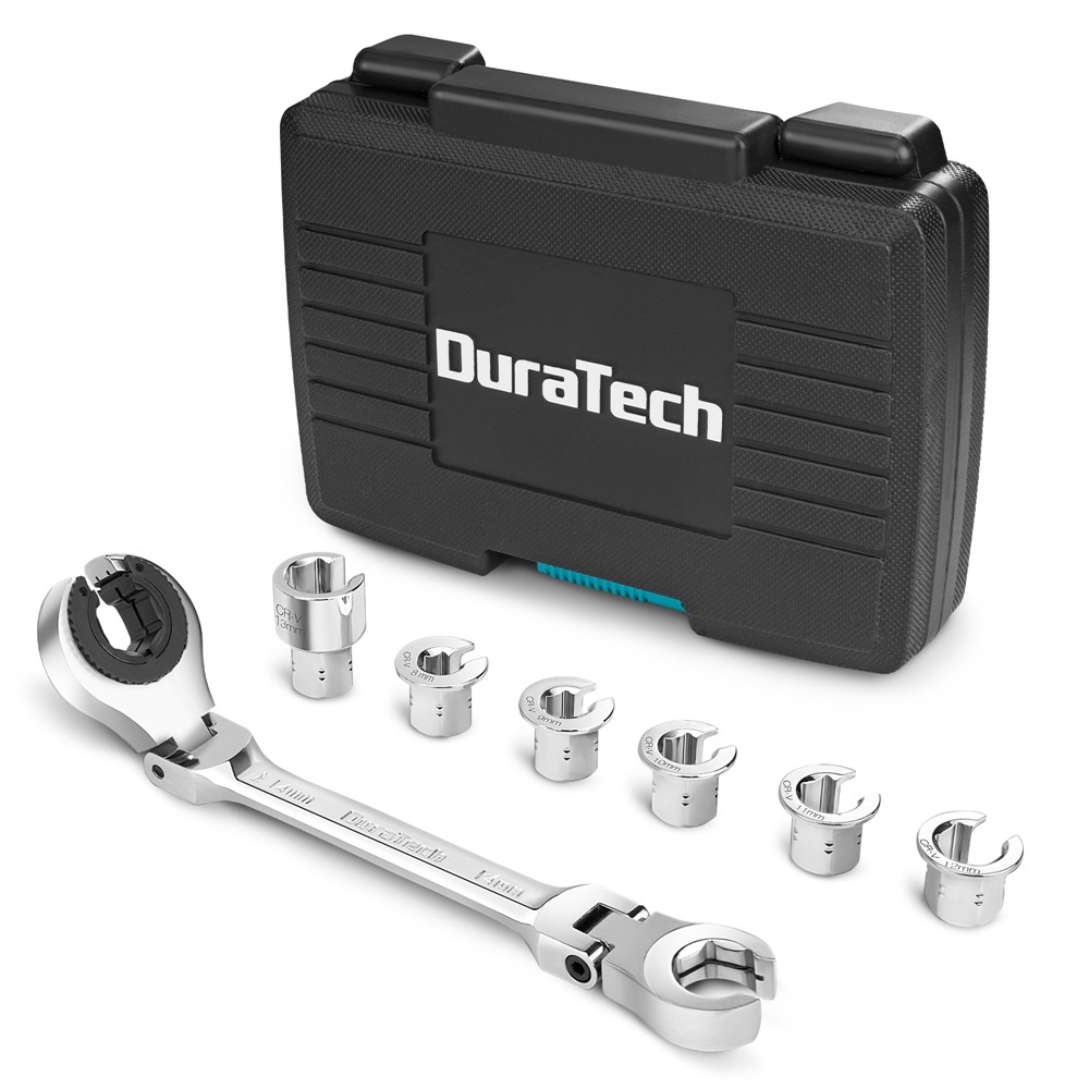 DURATECH 7-In-1 Ratcheting Wrench Set Flex-Head Open Tubing Wrench Metric 8-14mm