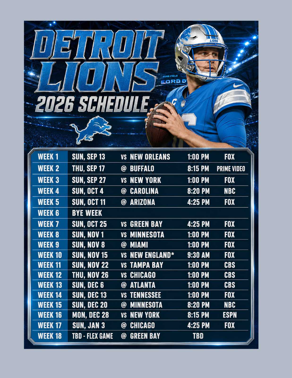 Detroit Lions  2026-27 Magnetic Schedule. 5x7