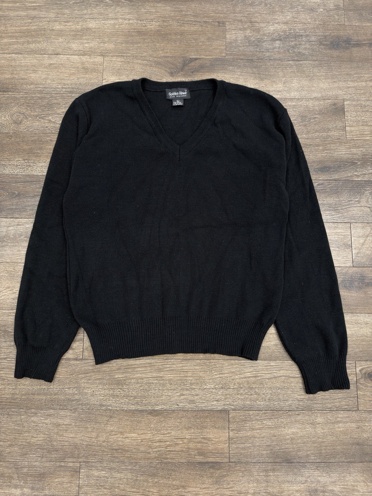 Vintage 80s Golden Hawk V Neck Sweater Black Grunge Preppy Grandpa Acrylic Men L