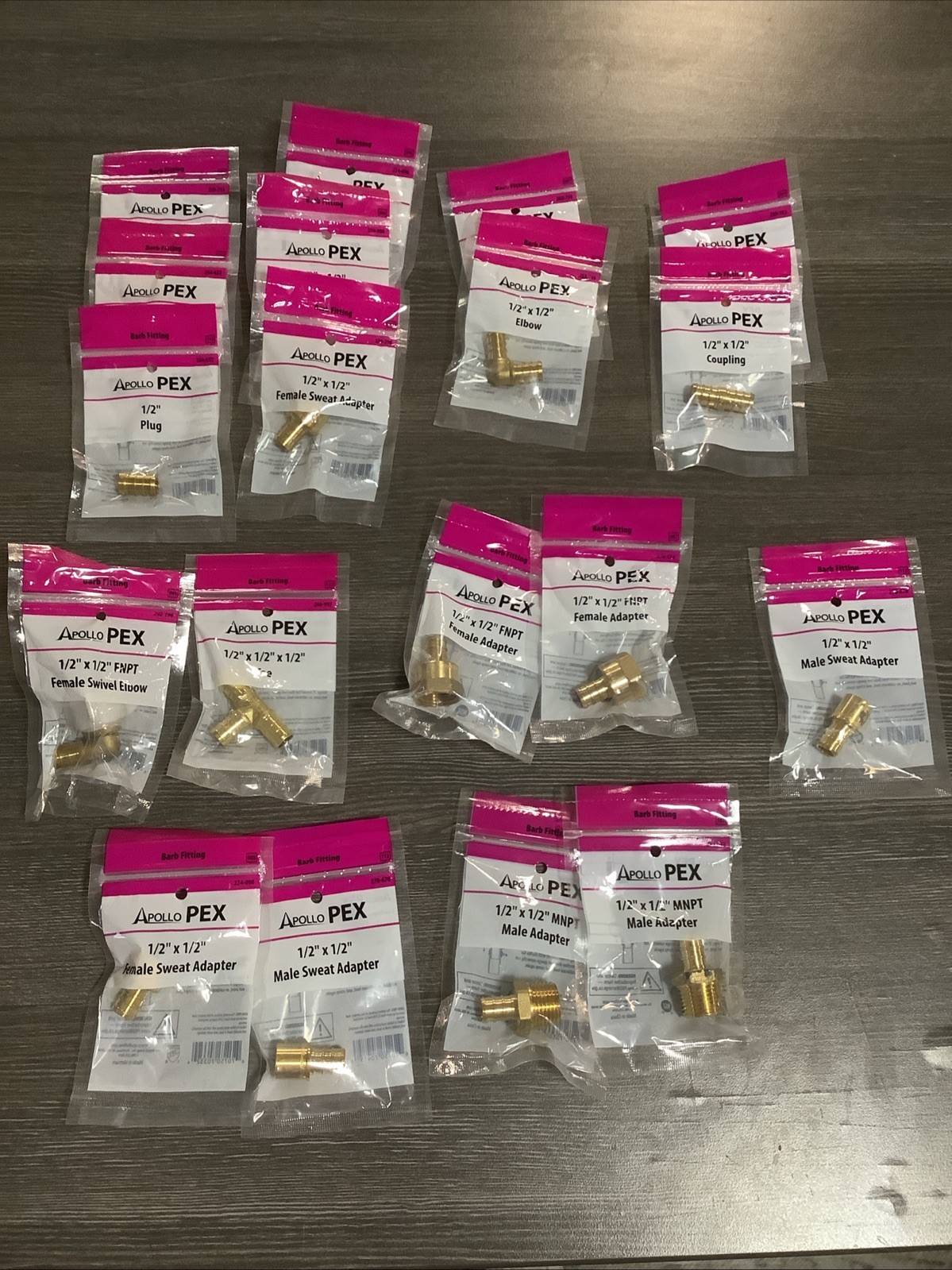 Large Lot of 1/2” Apollo PEX Brass Fittings 19 Pieces Plug Coupling Tee Elbow