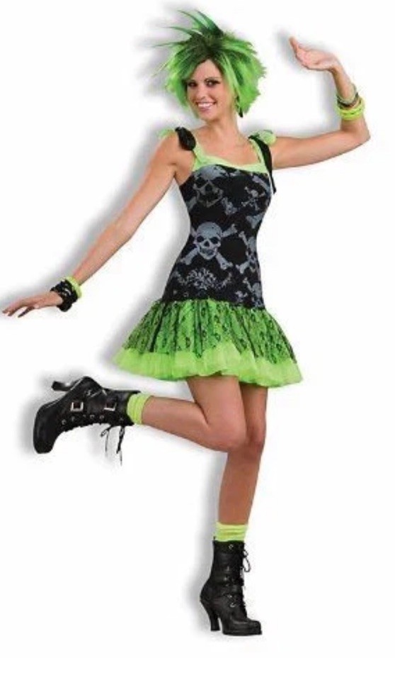 80s Funky Skull Dress Neon Green Black Punk Rock Star Madonna FULL Costume L XL