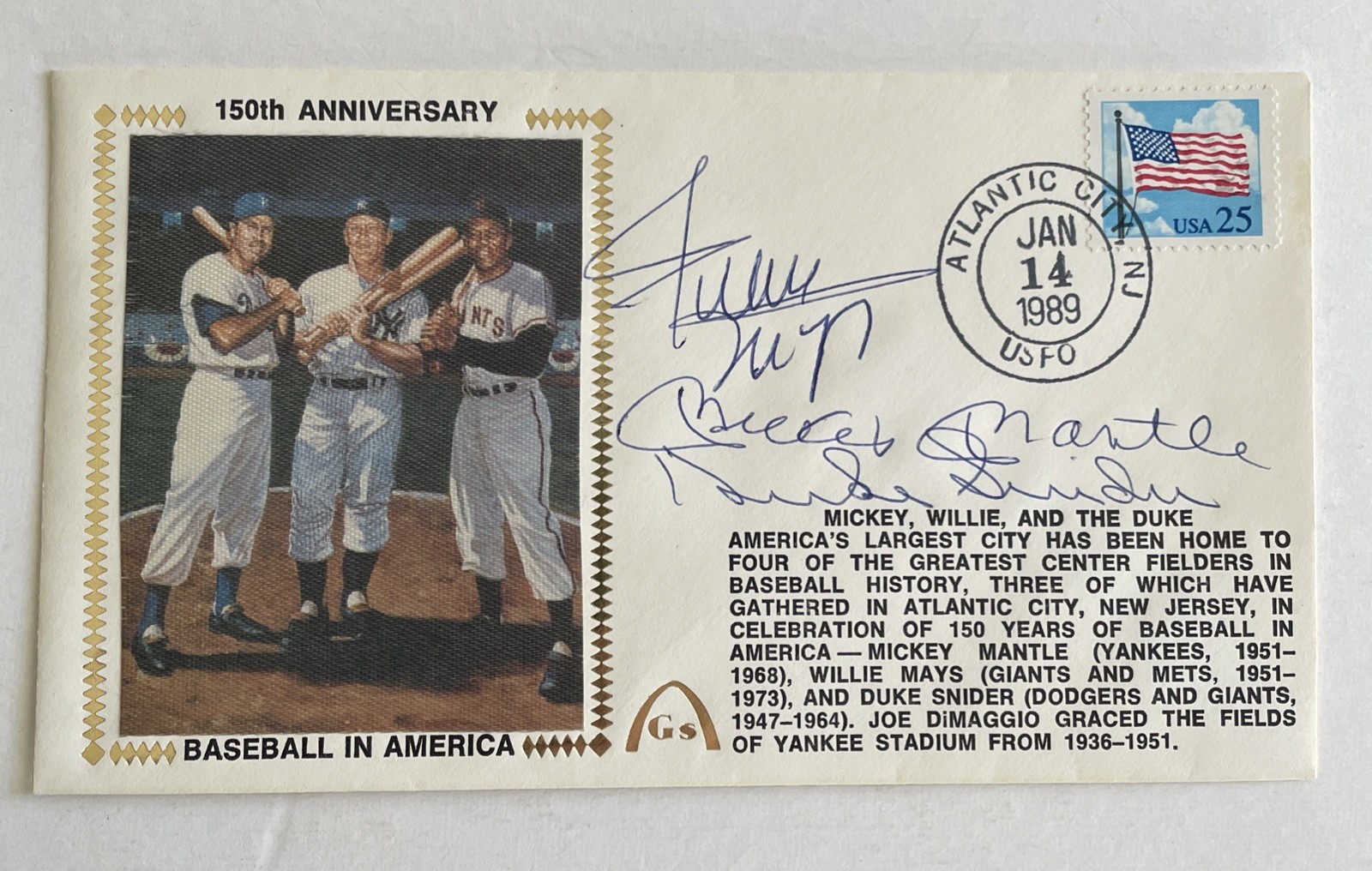 Mickey Mantle, Willie Mays, Duke Snider Signed Gateway Cover 150th Beckett LOA