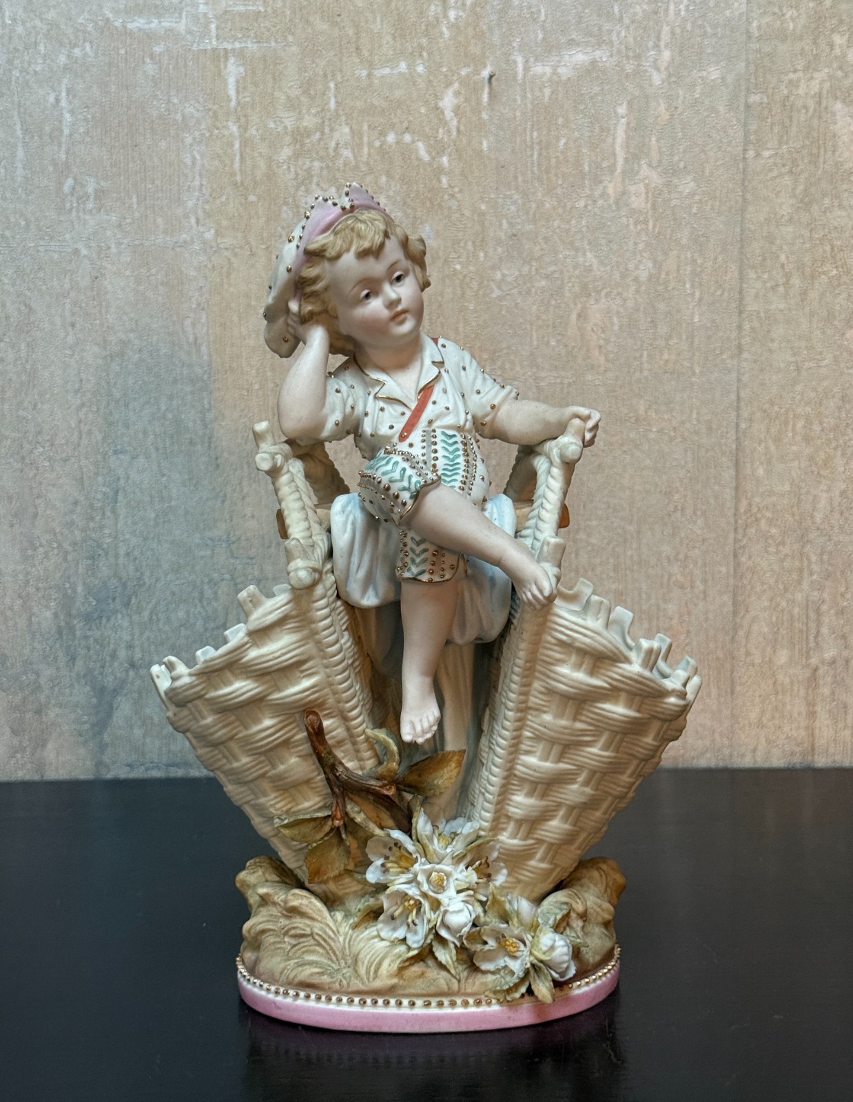 Antique German KPM Porcelain Boy Double Basket Vase Figurine Applied Flowers