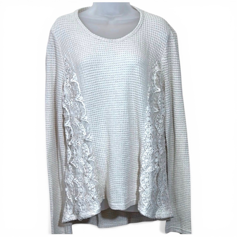 ANDTHEWHY Los Angeles Cream Waffle Knit Lace Panel Thermal Top Womens Large NWT