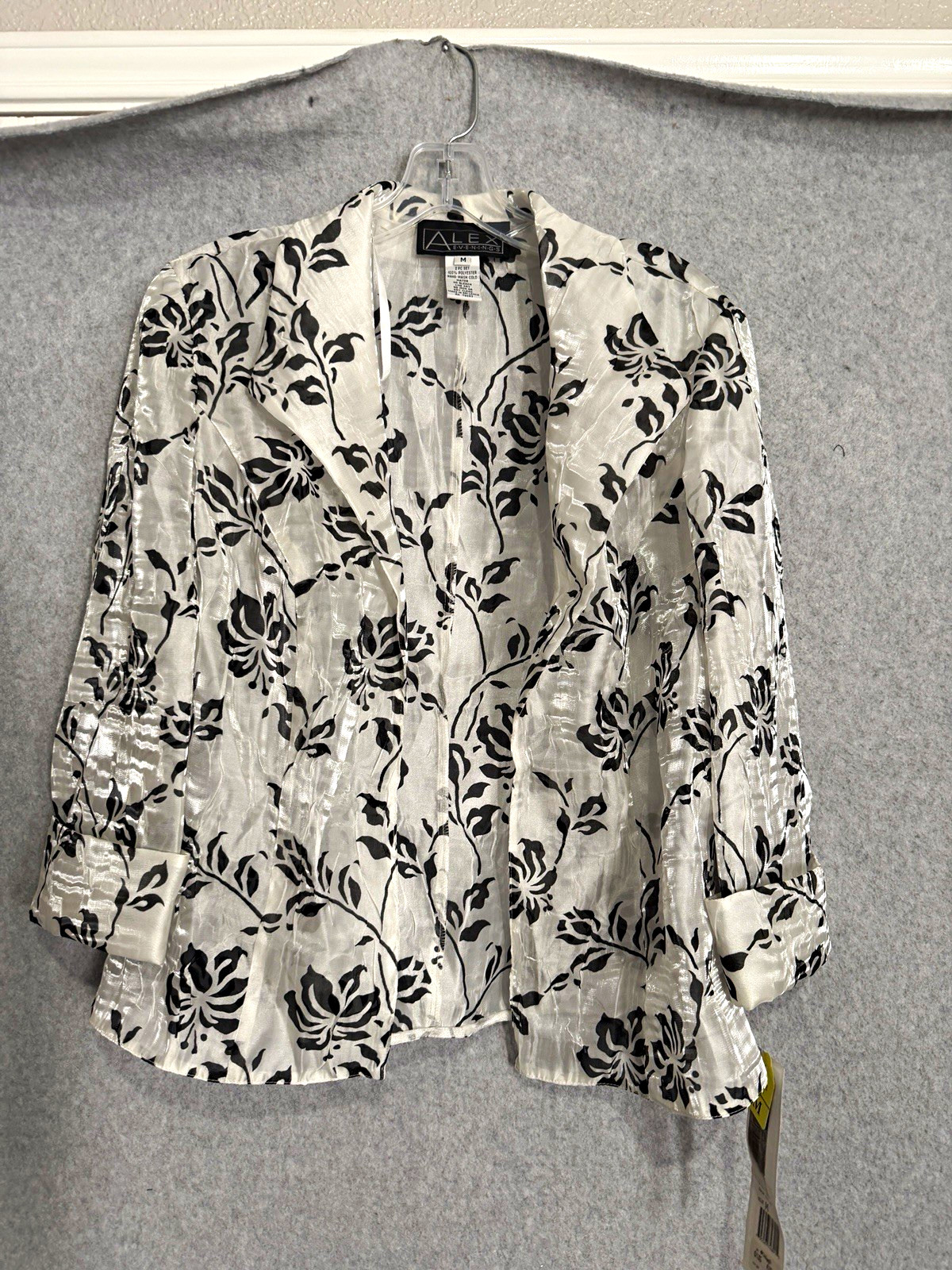 Alex Evenings Women’s Black White Floral Satin Collared 3/4 Sleeve Blouse M