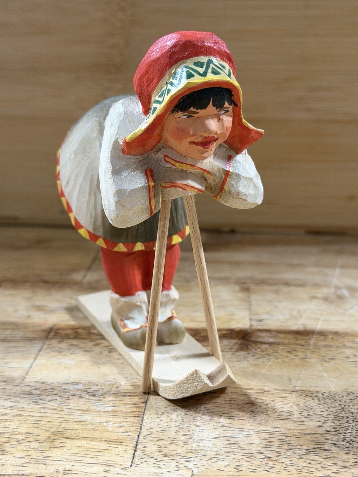 Vintage HENNING Norway Wood Carving SAMI Girl Skier Figurine Hand Carved Art Vintage HENNING Norway Wood Carving SAMI Girl Skier Figurine Hand Carved Art