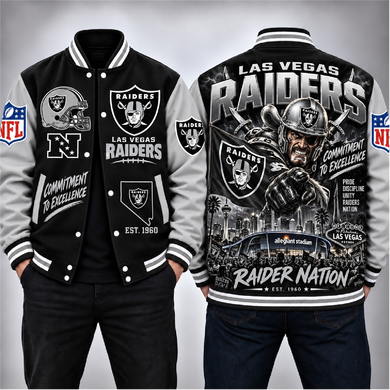 Las Vegas Raiders Football Baseball Jacket - COMMITMENT TO EXCELLENCE Las Vegas Raiders Football Baseball Jacket - COMMITMENT TO EXCELLENCE