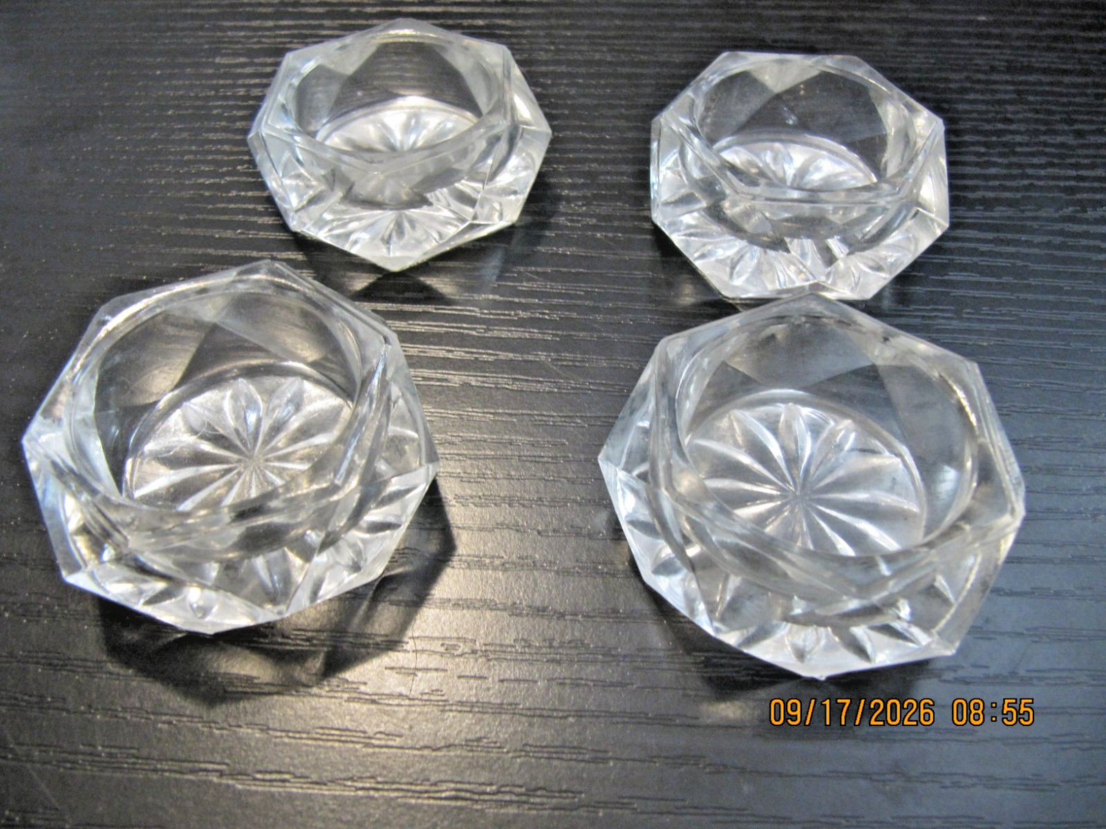 Set of 4 Vintage Glass Open Salt Cellar Dip 6 Sided Hexagon Star Bottom
