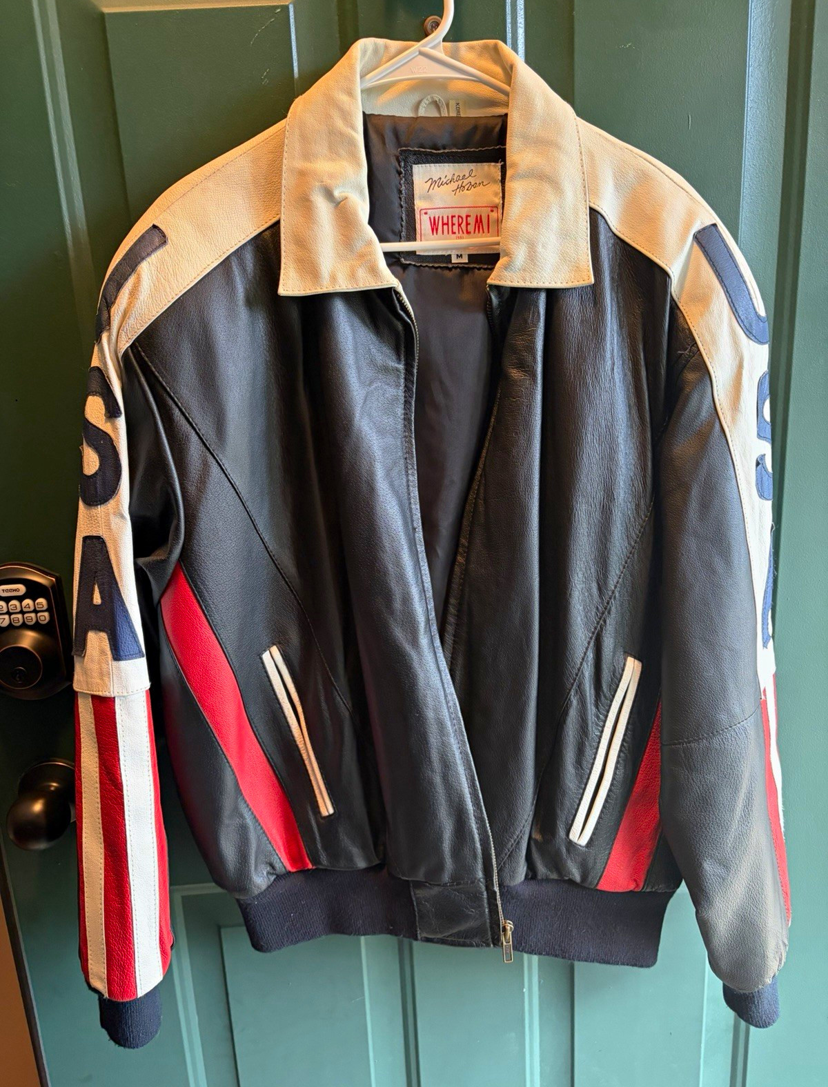 Michael Hoban 1991 USA Flag Vintage Leather Bomber Jacket Men\'s M Full Zip