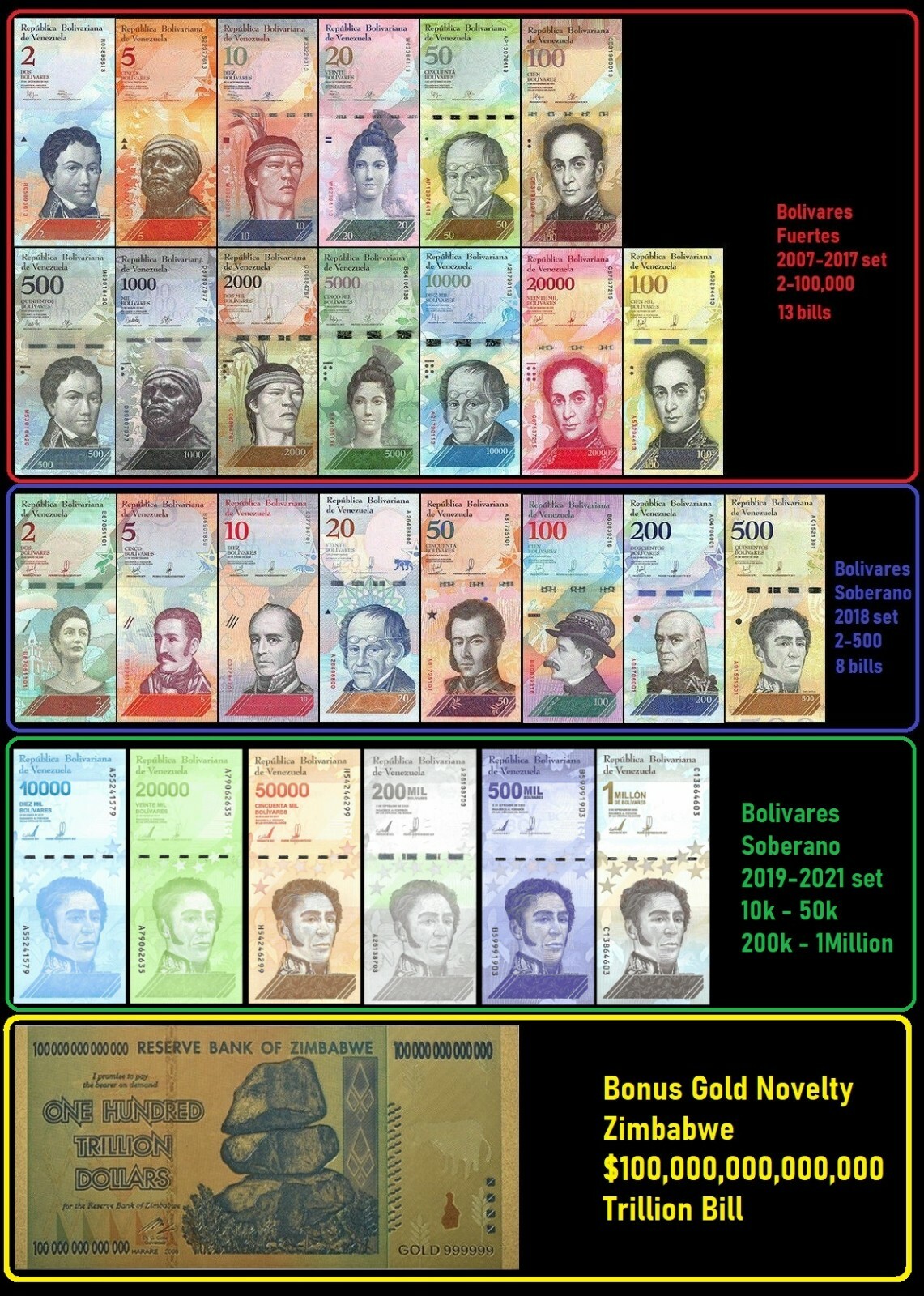Venezuela Full Set 2 - 100,000 Bolivares, 2-500 Soberanos plus 6 newest + Bonus