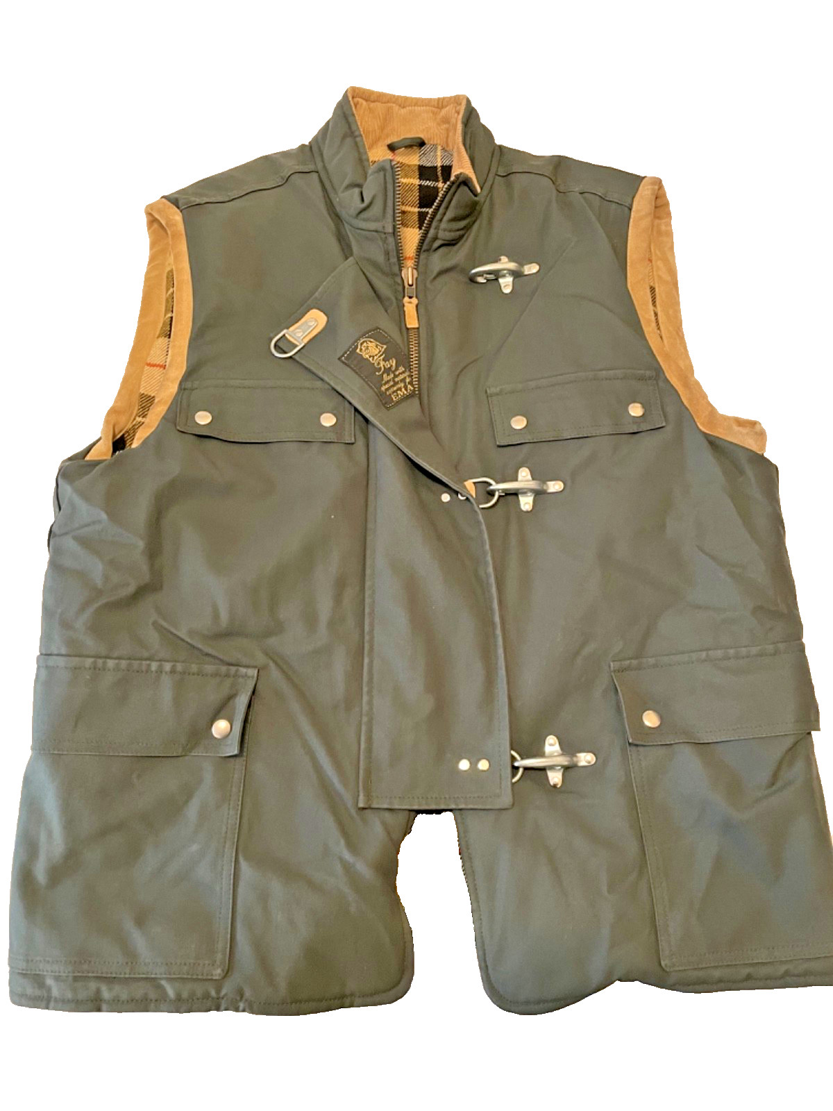Vintage Fay EMA Vest Fireman Clasp Green Canvas w/Plaid Lining Men\'s Size Large