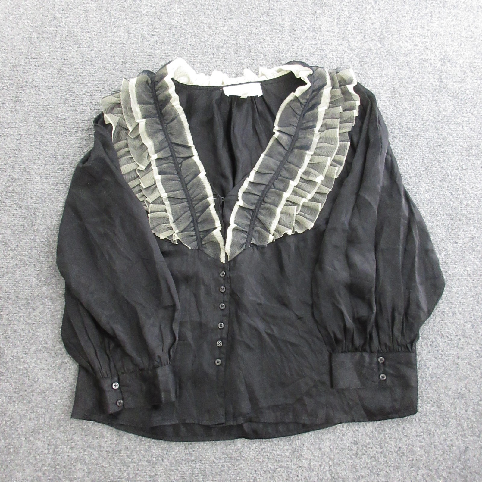 The Great Blouse Womens 2 Black V Neck Ruffle Trim Sheer Puff Sleeve Dressy Top