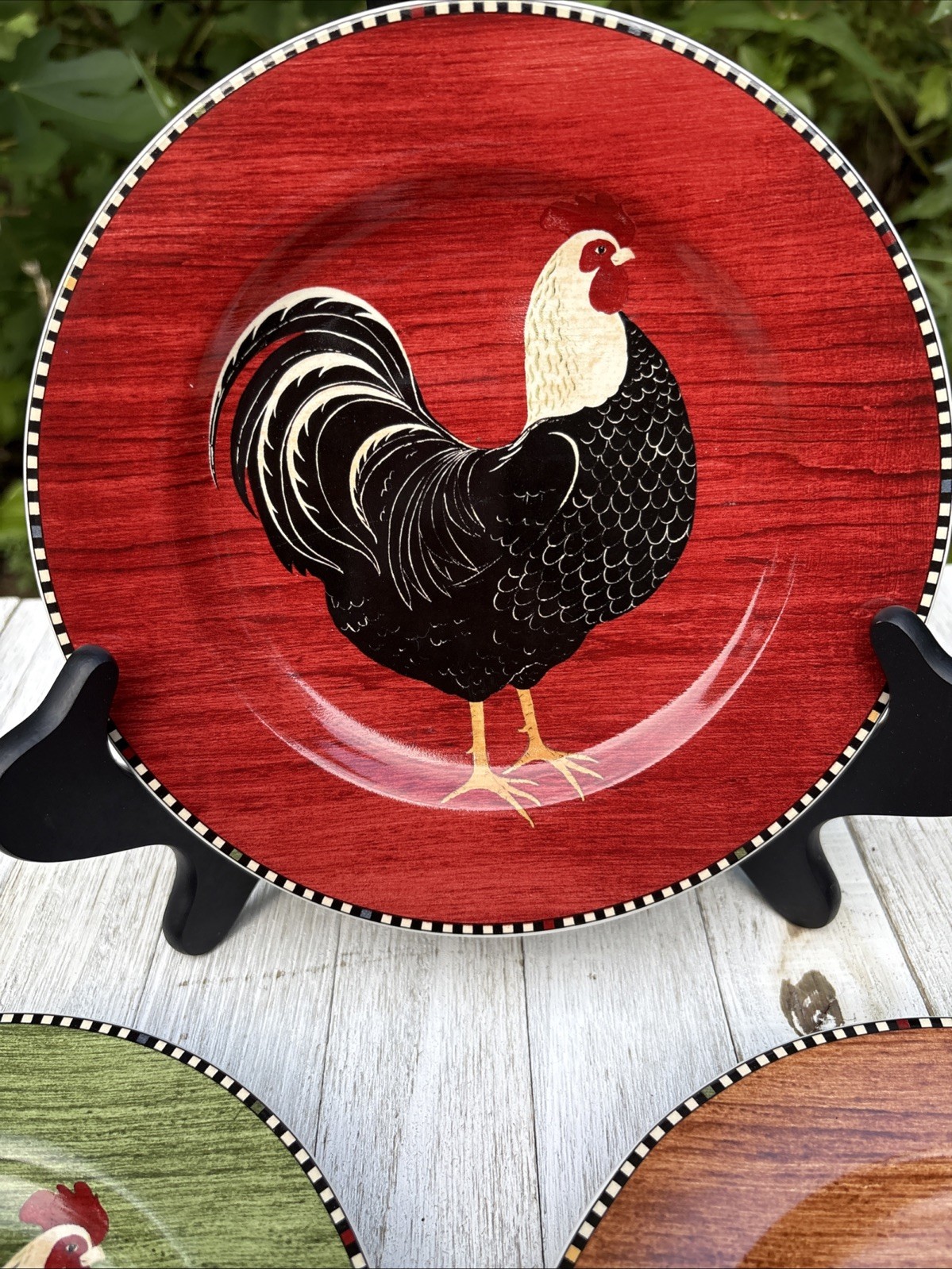 Vtg 1999 Sakura Warren Kimble Rooster Set Of 3 Salad Plates Farmhouse Folk Art