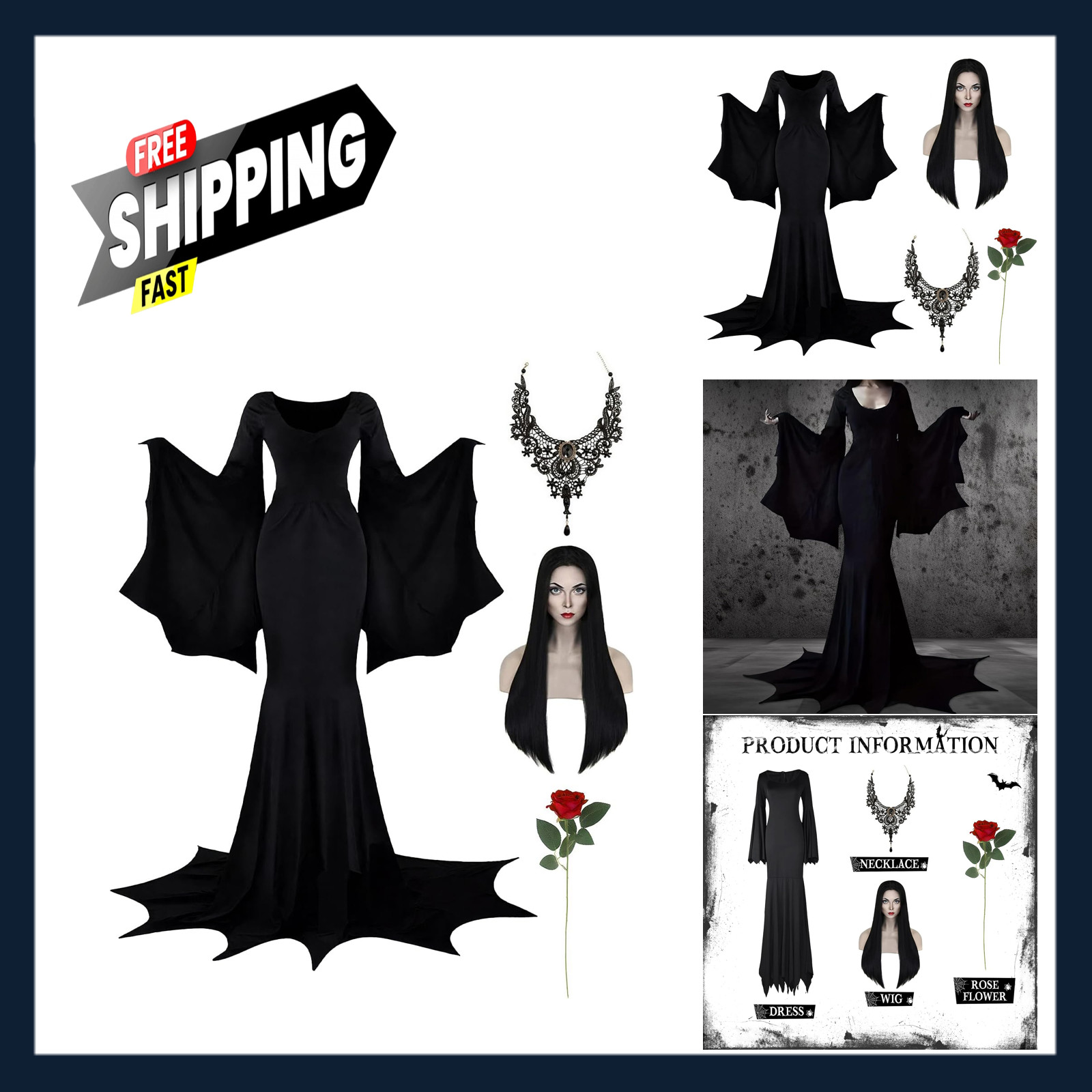 Halloween Morticia Addams Costume Women Gothic Dress Wig Accessories Vintage