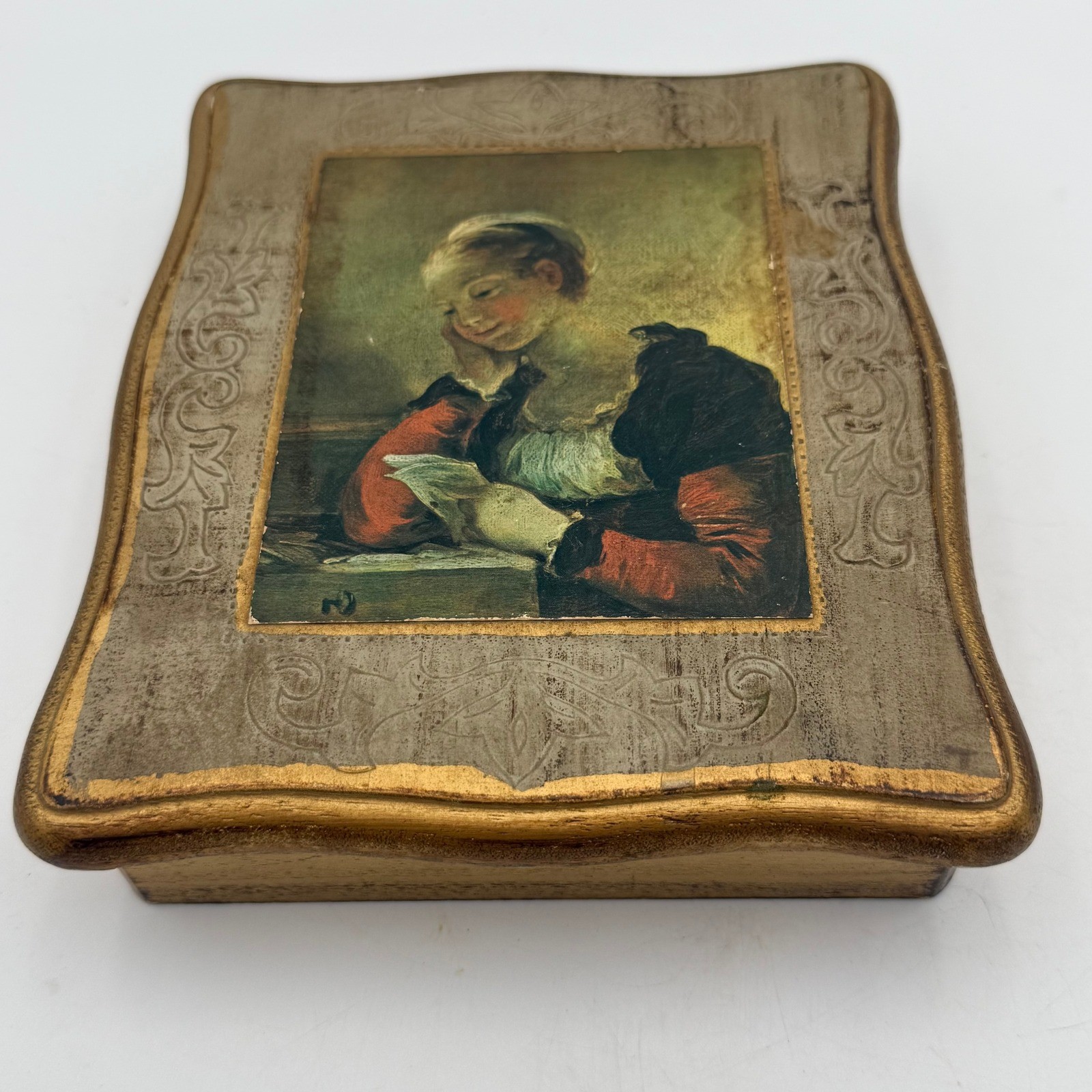 Vintage Florentine Wooden Jewelry Box Fragonard Girl Reading Gold Gilt Trinket
