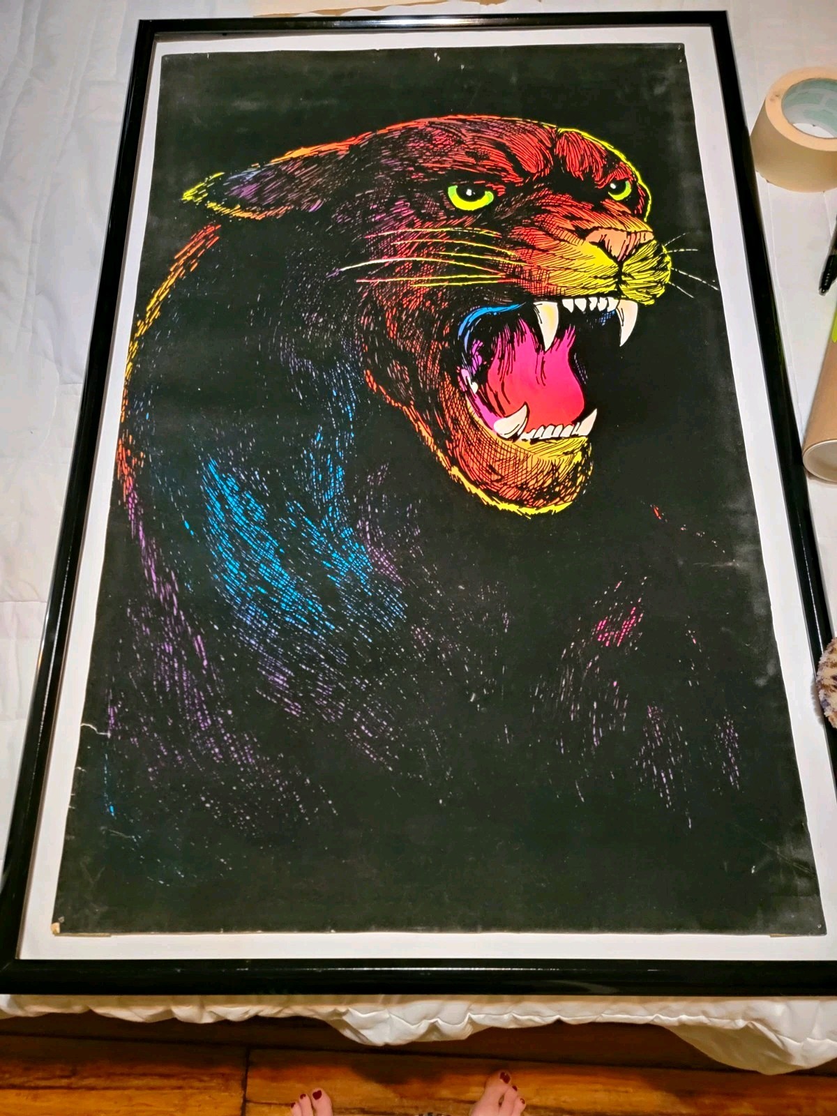 Framed Panther Illustration Art Poster Print, Big Cats Animals, Black Background Framed Panther Illustration Art Poster Print, Big Cats Animals, Black Background