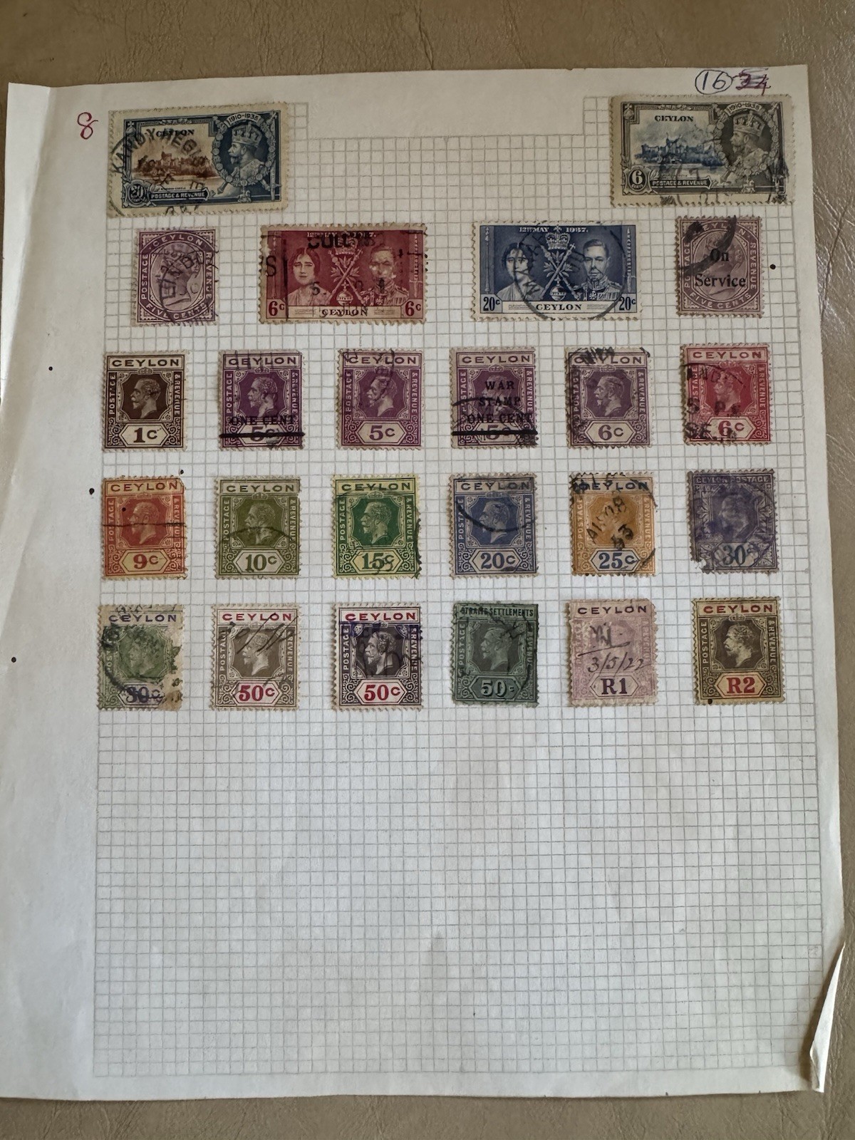 50+ Ceylon Stamps Early Issues QV KEVII KGV Officials High Values. 2 Album Pages